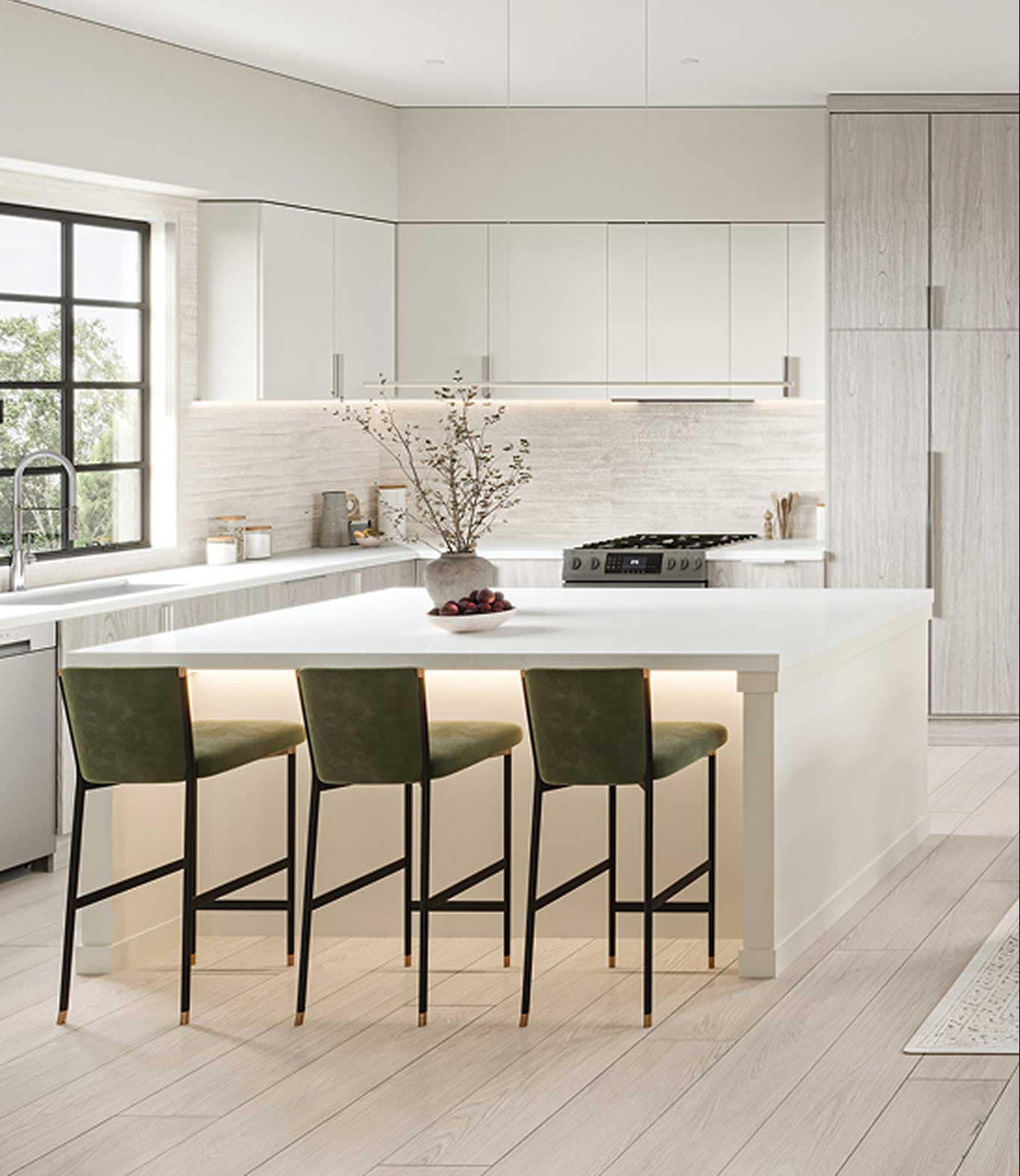 Bromley Langley presale kitchen island detail in Brookswood by Leone Homes at 20815 45A Avenue highlighting quartz countertops, under-island lighting, bar stools, sleek cabinetry, and contemporary finishes designed for functional and stylish living