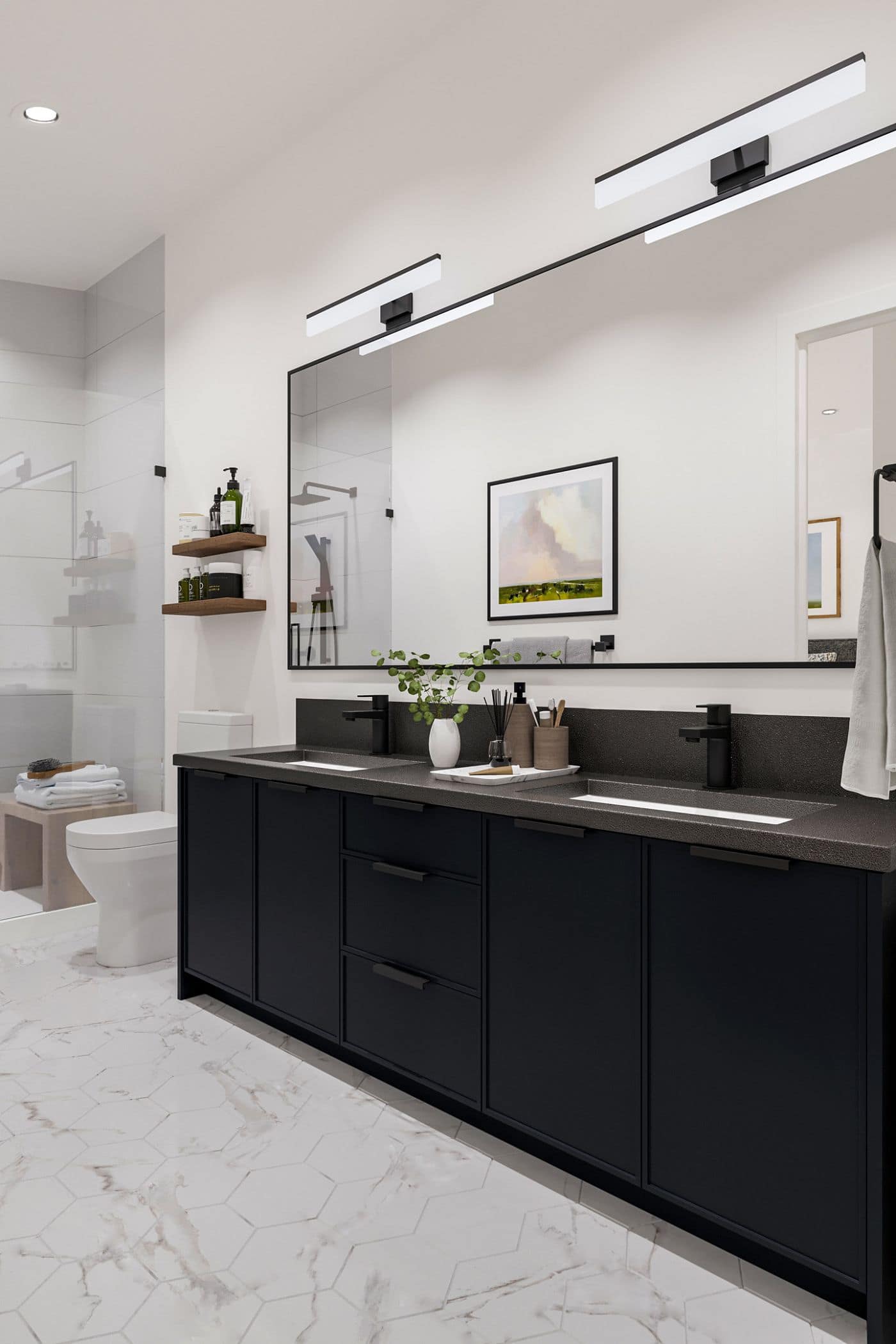 Dark-tone ensuite bathroom design at Elwynn Green Fleetwood in Surrey.