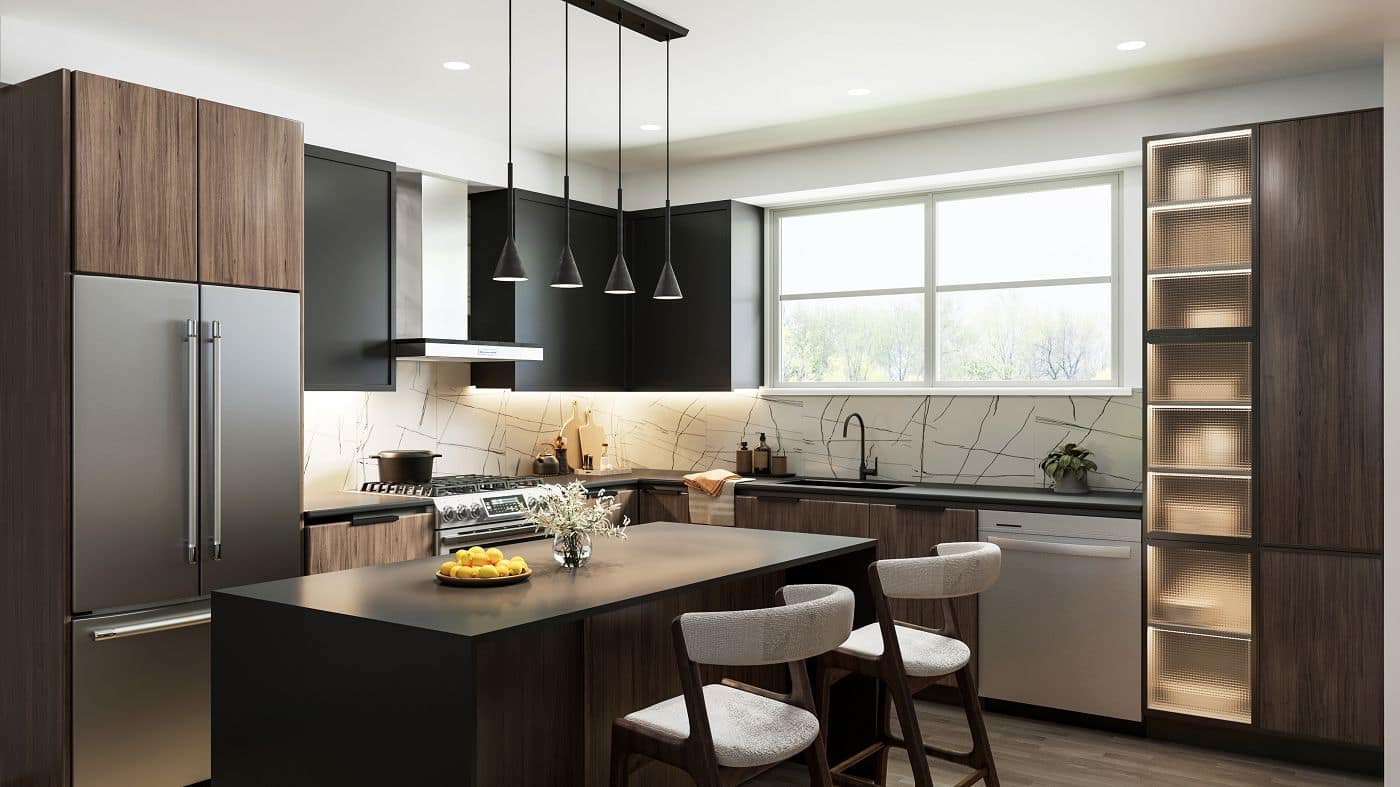 Dark contemporary kitchen design at Elwynn Green Fleetwood in Surrey.