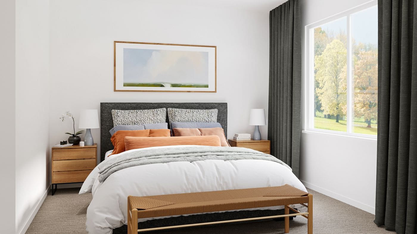 Primary bedroom interior at Elwynn Green Fleetwood townhomes in Surrey.