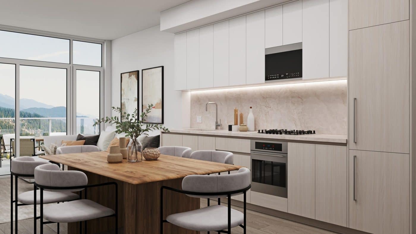 Modern kitchen and dining area at Pine & Glen Coquitlam featuring integrated cabinetry, stone backsplash, premium appliances, and contemporary finishes by Onni Group at 1175 Pinetree Way.