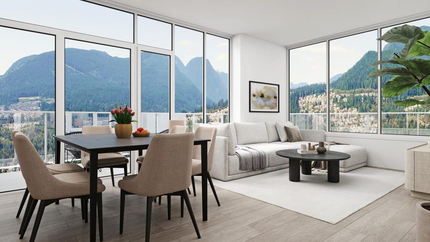 Bright living and dining area at Pine & Glen Coquitlam with floor-to-ceiling windows, mountain views, contemporary furnishings, and an open-concept layout by Onni Group at 1175 Pinetree Way.