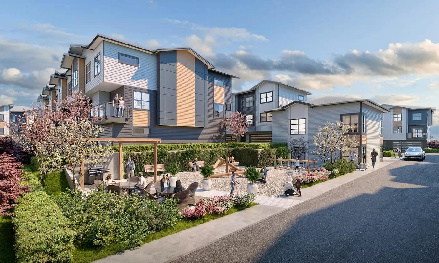 Amenity courtyard at Elwynn Green Fleetwood townhomes in Surrey.