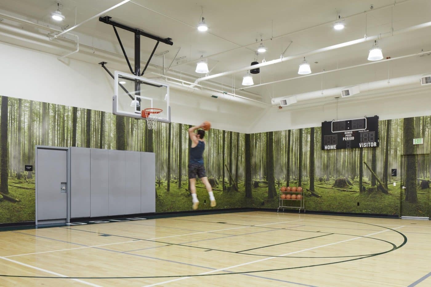 Indoor basketball court at Pine & Glen Coquitlam by Onni Group, featuring hardwood flooring, professional hoops, scoreboard, and forest-inspired wall murals at 1175 Pinetree Way.