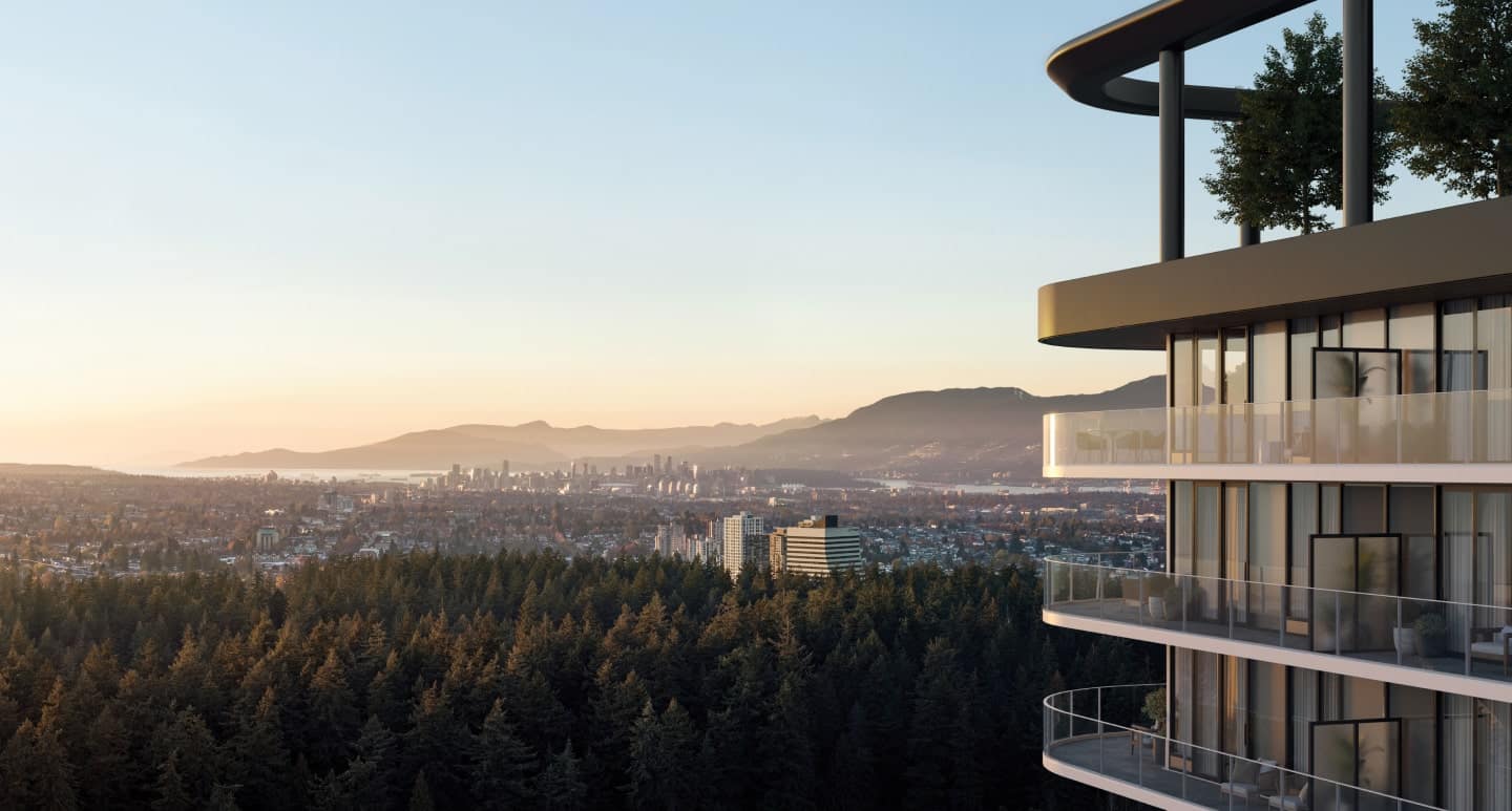 Reign Metrotown tower with curved balconies overlooking Burnaby and Vancouver from 6280 Willingdon Avenue