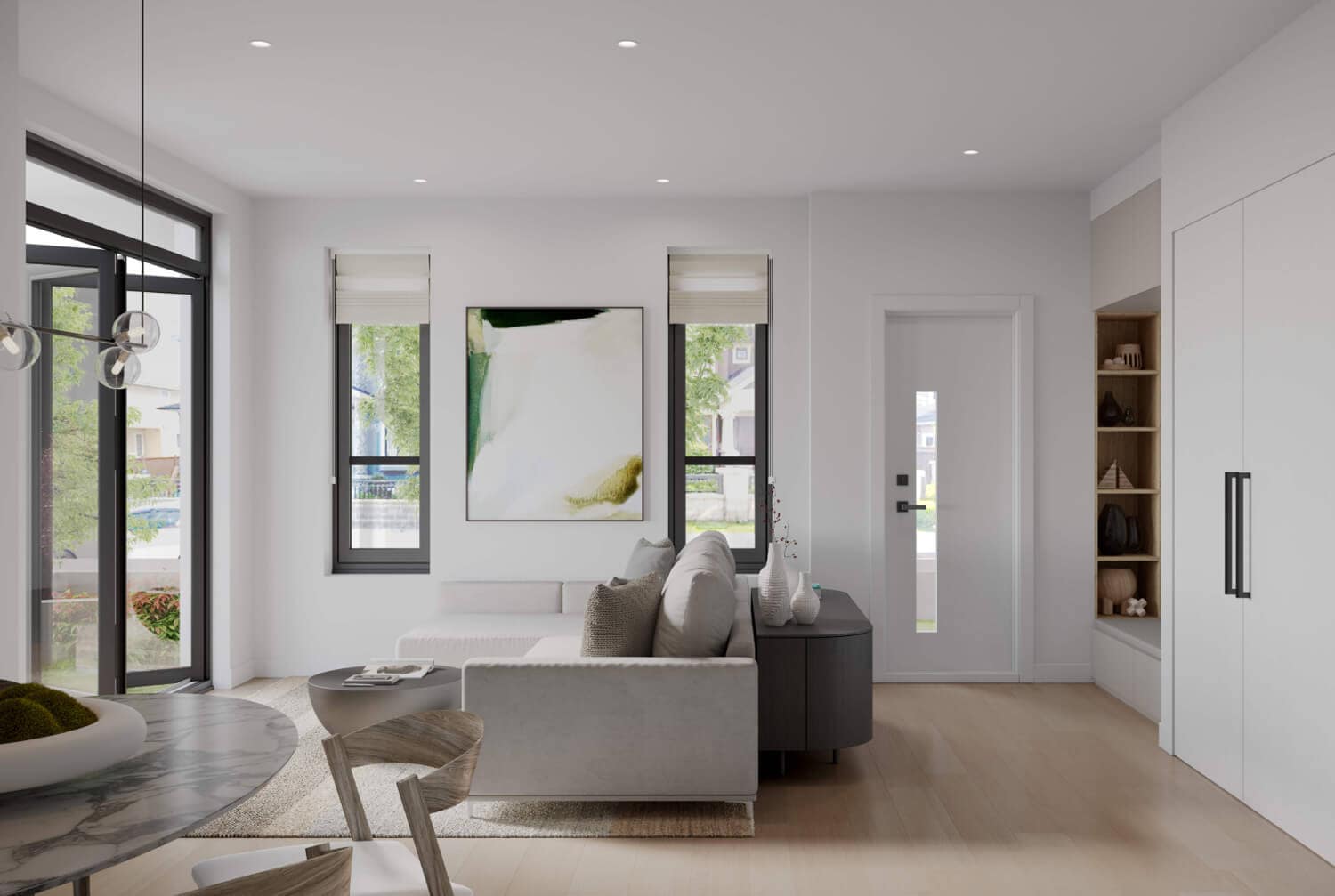 Contemporary open-concept interior at Be W 49th Vancouver with bright living spaces, clean architectural lines, engineered hardwood flooring, and custom built-in storage by Modella Developments at 715 West 49th Avenue.