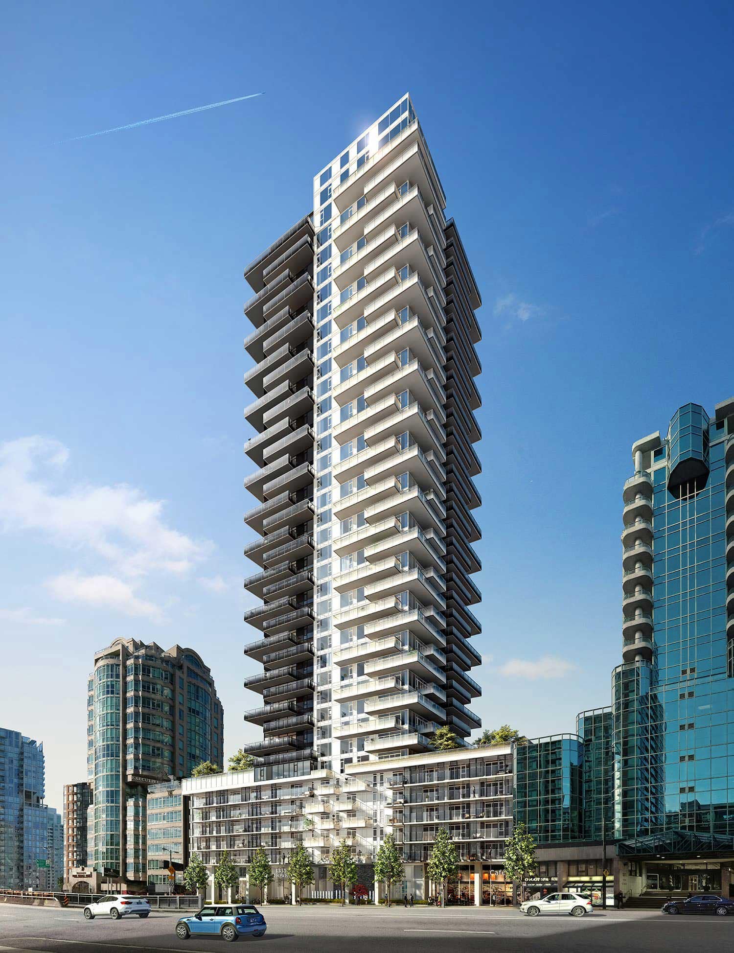 Exterior rendering of 1535 Howe Vancouver by Onni showing the modern residential tower at 1335 Howe Street in Downtown Vancouver with glass balconies, contemporary architecture, and surrounding skyline views