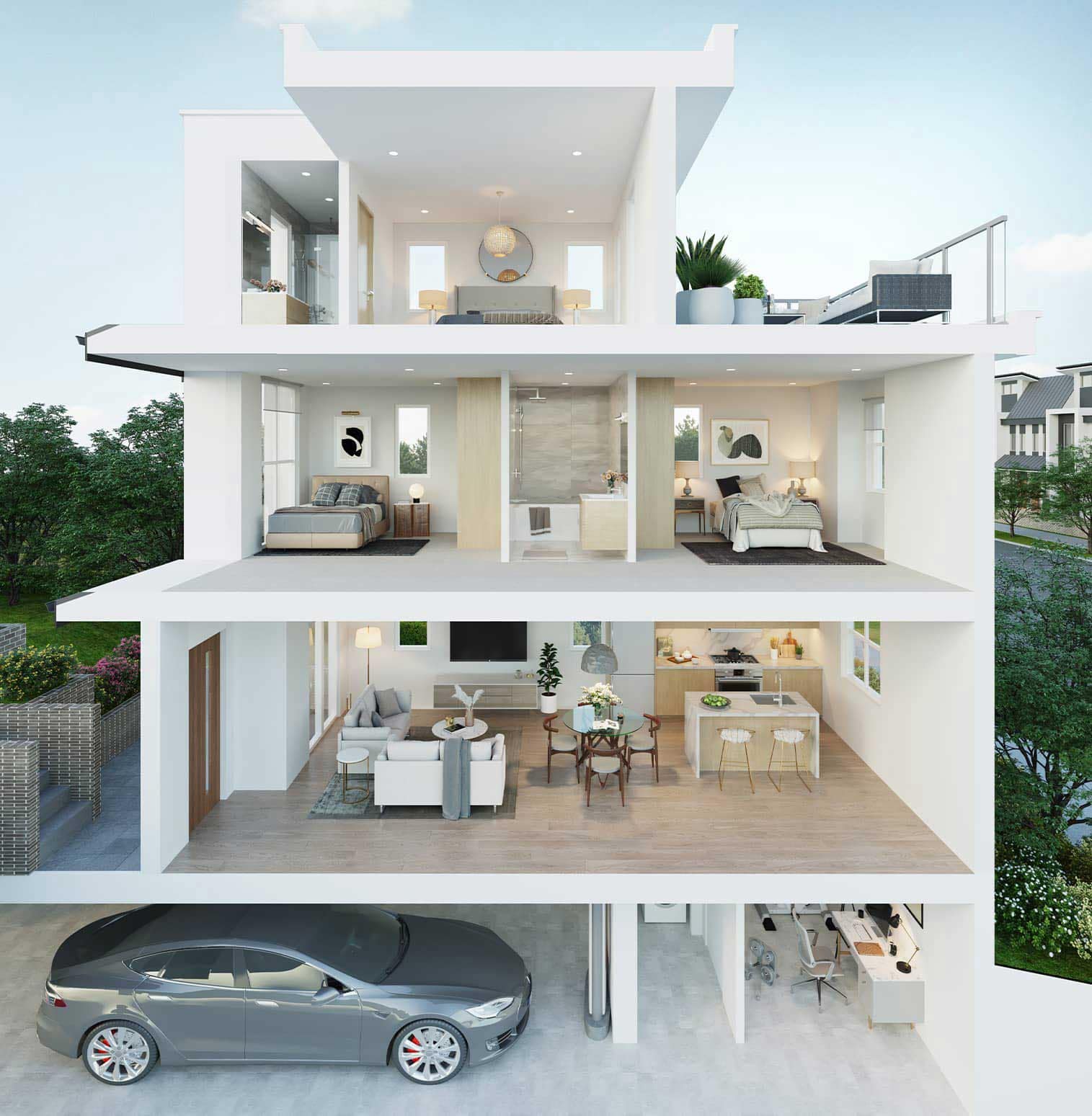 Cutaway rendering of a multi-level residence at West58 Vancouver by Azora Group, illustrating spacious layouts, garage parking, and rooftop living areas at 7425 Granville Street.