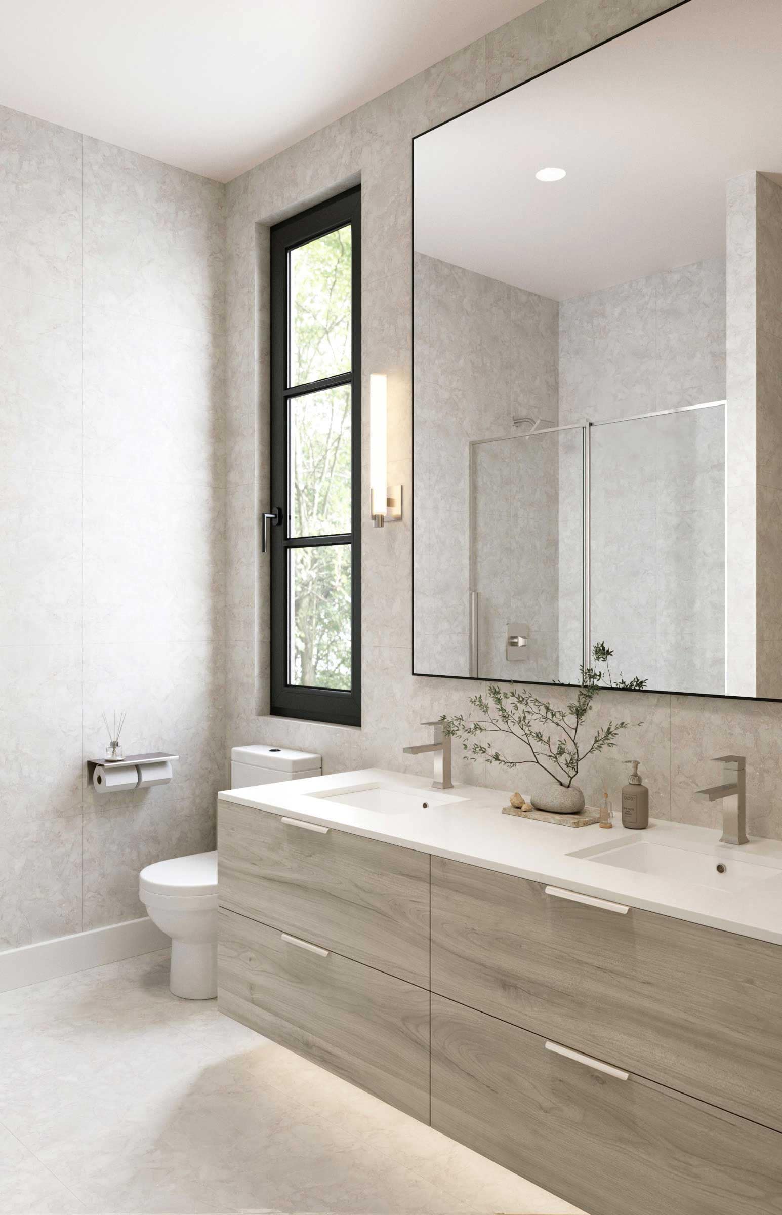 Modern spa-inspired bathroom interior at Bromley Langley by Leone Homes featuring a double vanity with wood cabinetry, oversized mirror, walk-in glass shower, large-format tile finishes, and tall black-framed window at 20815 45A Avenue in Brookswood Langley.