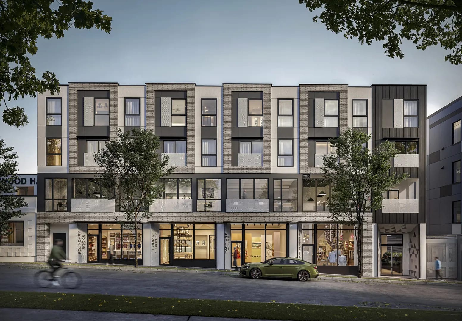 Street-level exterior rendering of Hendry, a presale development by Trillium Projects at 3839 Commercial Street in East Vancouver, showcasing contemporary architecture, ground-floor retail, brick detailing, and pedestrian-friendly design.