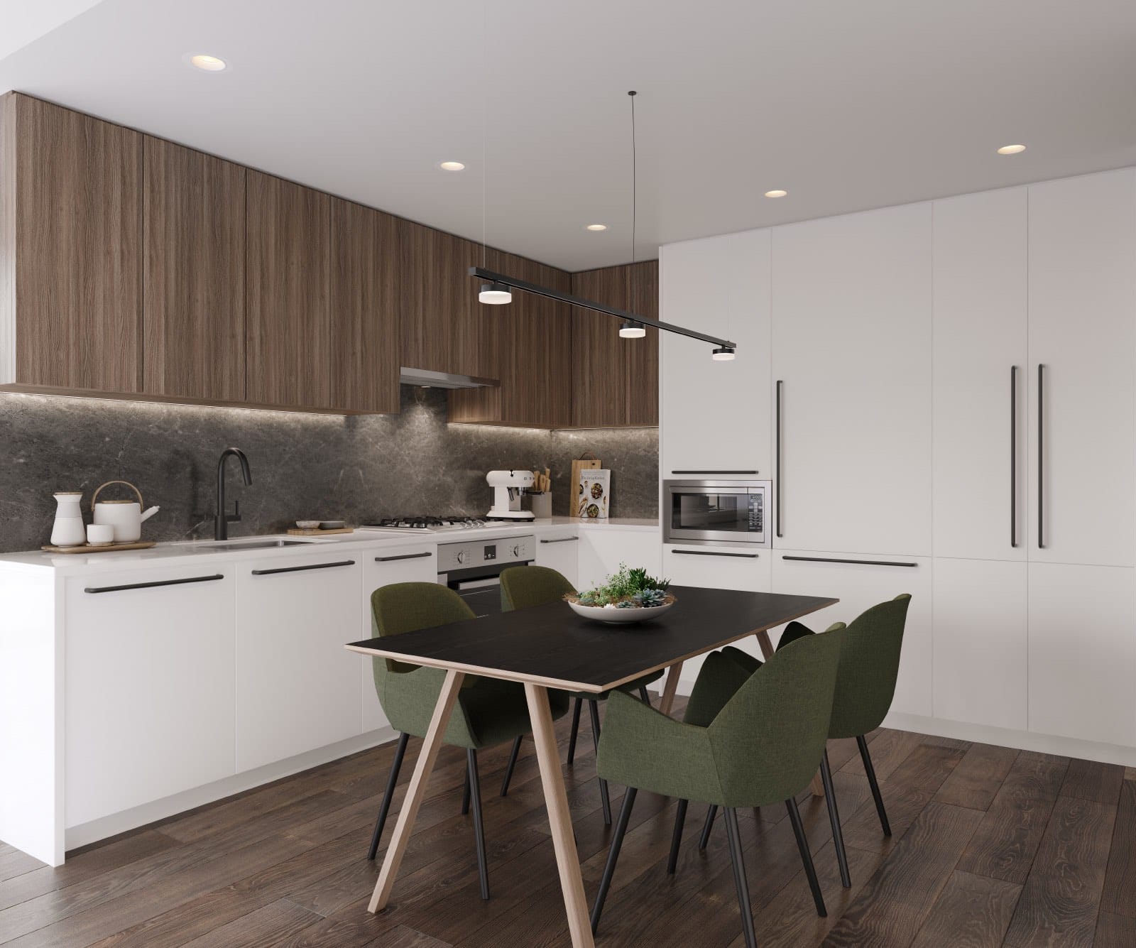 Contemporary kitchen at Band Coquitlam with wood cabinetry and stone backsplash