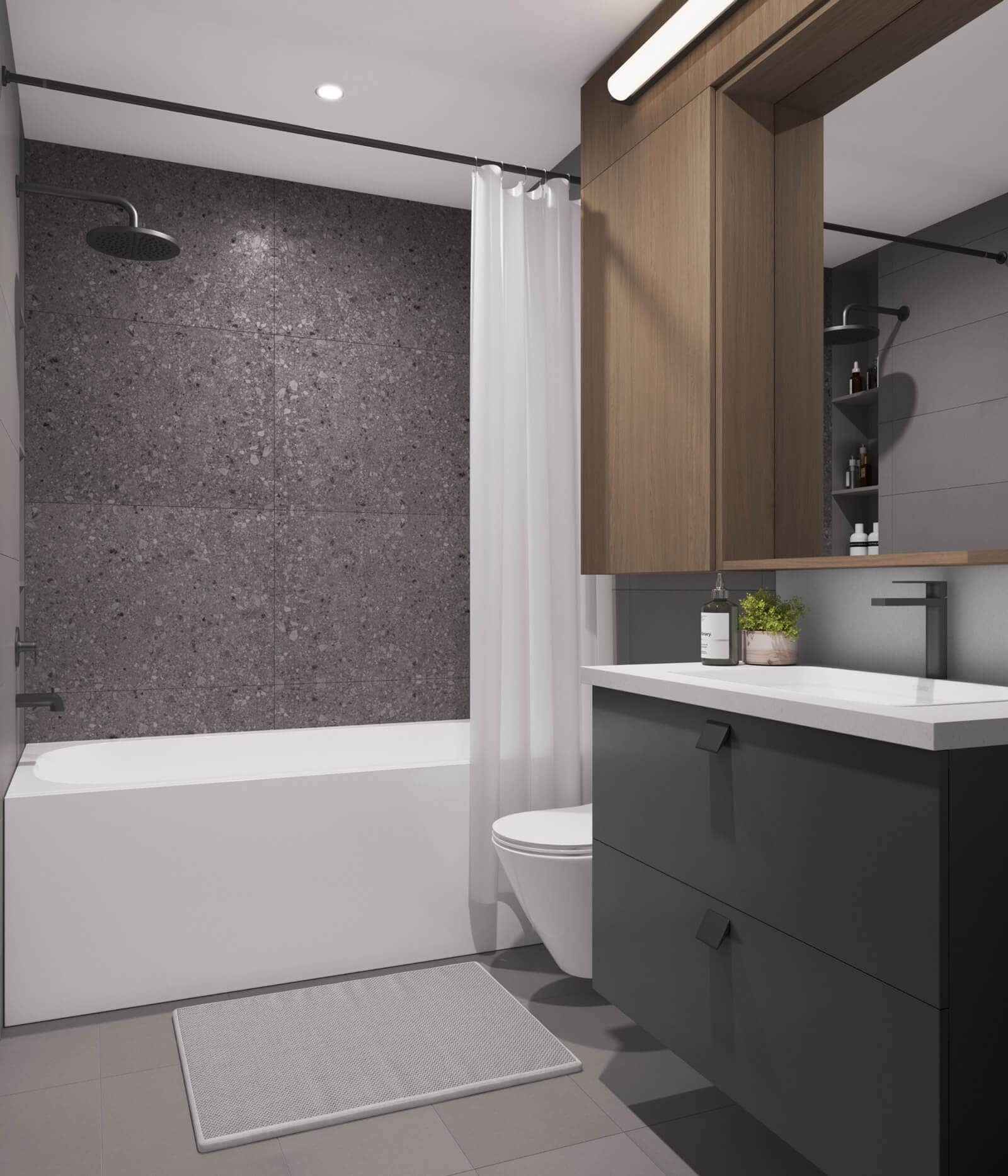 Modern bathroom interior at Be W 49th Vancouver featuring dark textured tile walls, matte black fixtures, floating vanity, built-in mirror lighting, and contemporary finishes by Modella Developments in Oakridge.