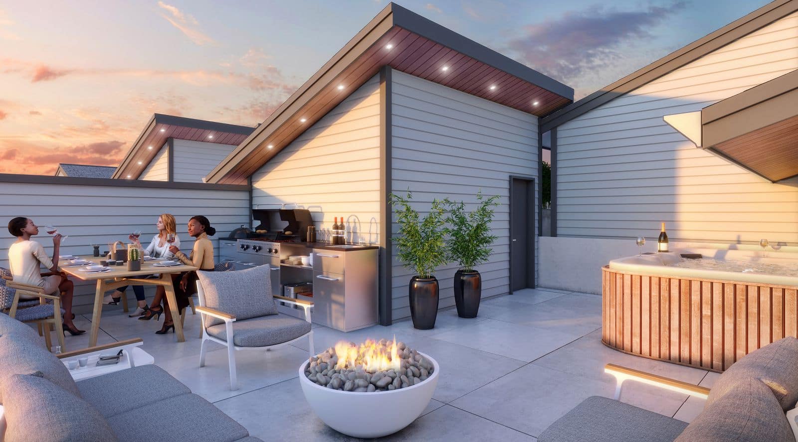 Rooftop patio with hot tub and dining area at Elwynn Green Fleetwood in Surrey.