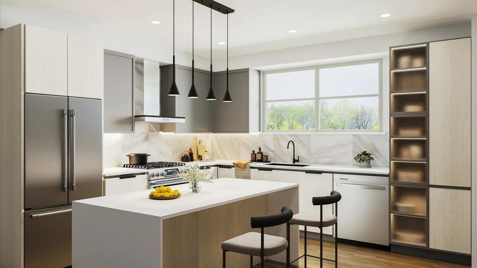 Light modern kitchen design at Elwynn Green Fleetwood in Surrey.