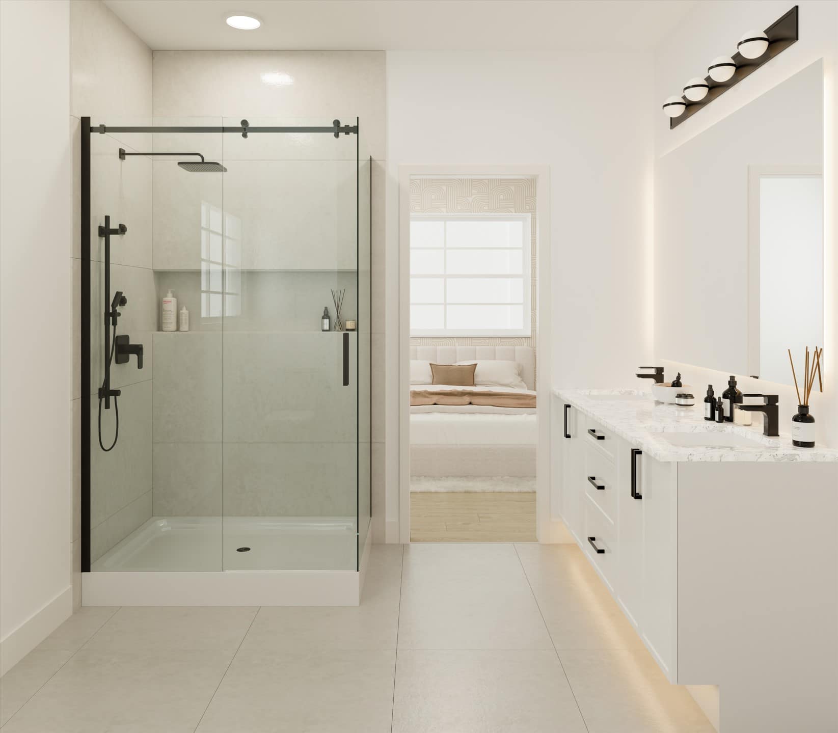 Spa-inspired ensuite bathroom at Fiore Langley featuring a frameless glass shower, dual vanity with quartz countertops, matte black fixtures, large-format tile, and modern finishes by Front Lane Developments at 8039 197 Street in Langley.