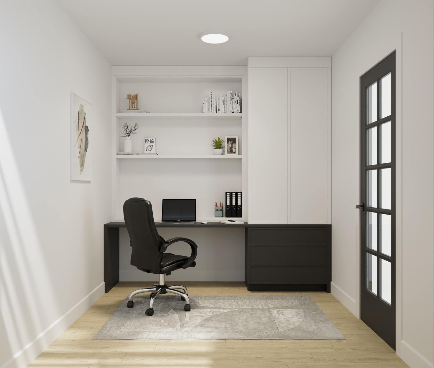 Modern built-in home office at Fiore Langley by Front Lane Developments featuring custom shelving, integrated desk workspace, storage cabinetry, contemporary finishes, and minimalist interior design at 8039 197 Street in Langley.