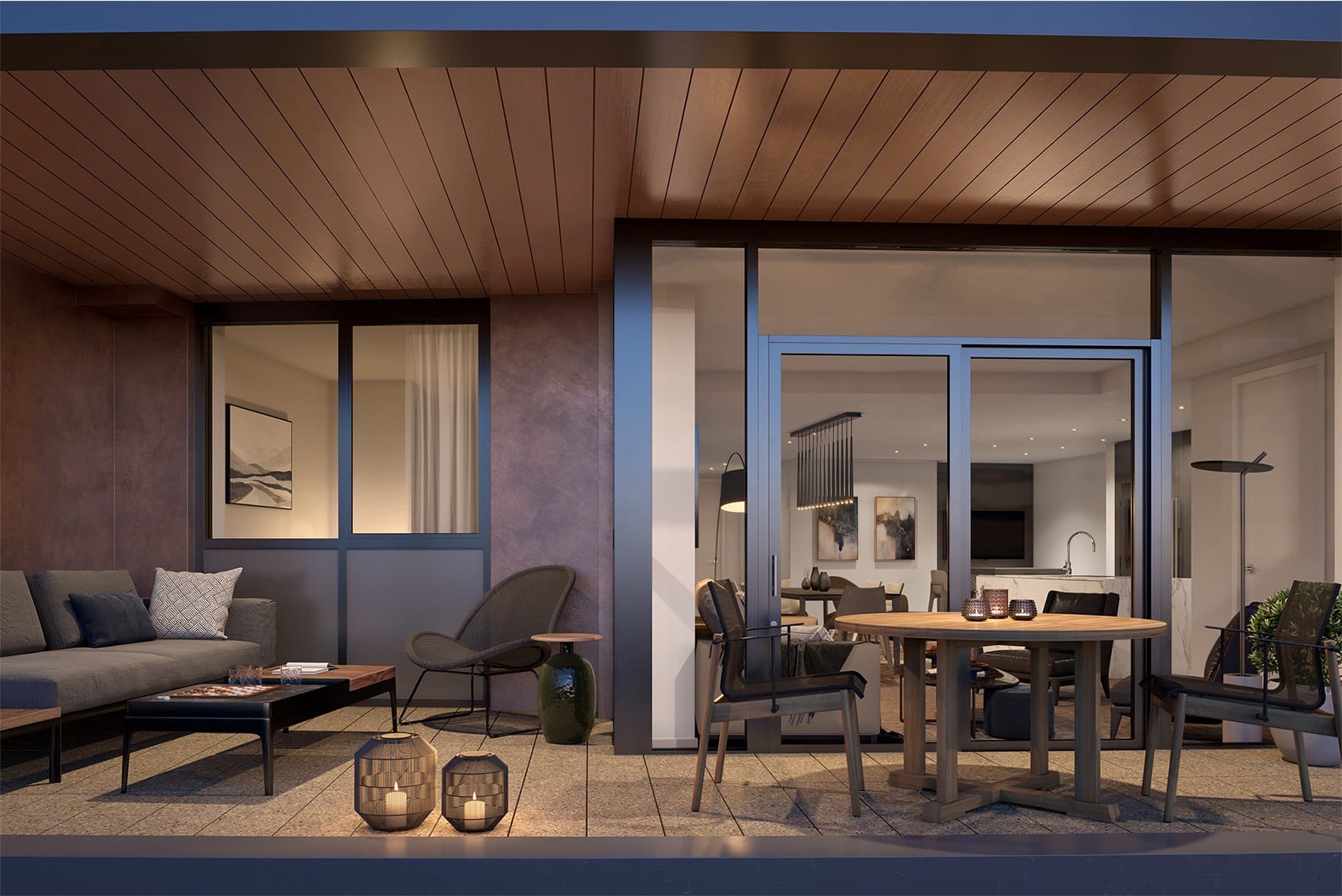Tesoro Vancouver covered balcony with lounge seating and dining area
