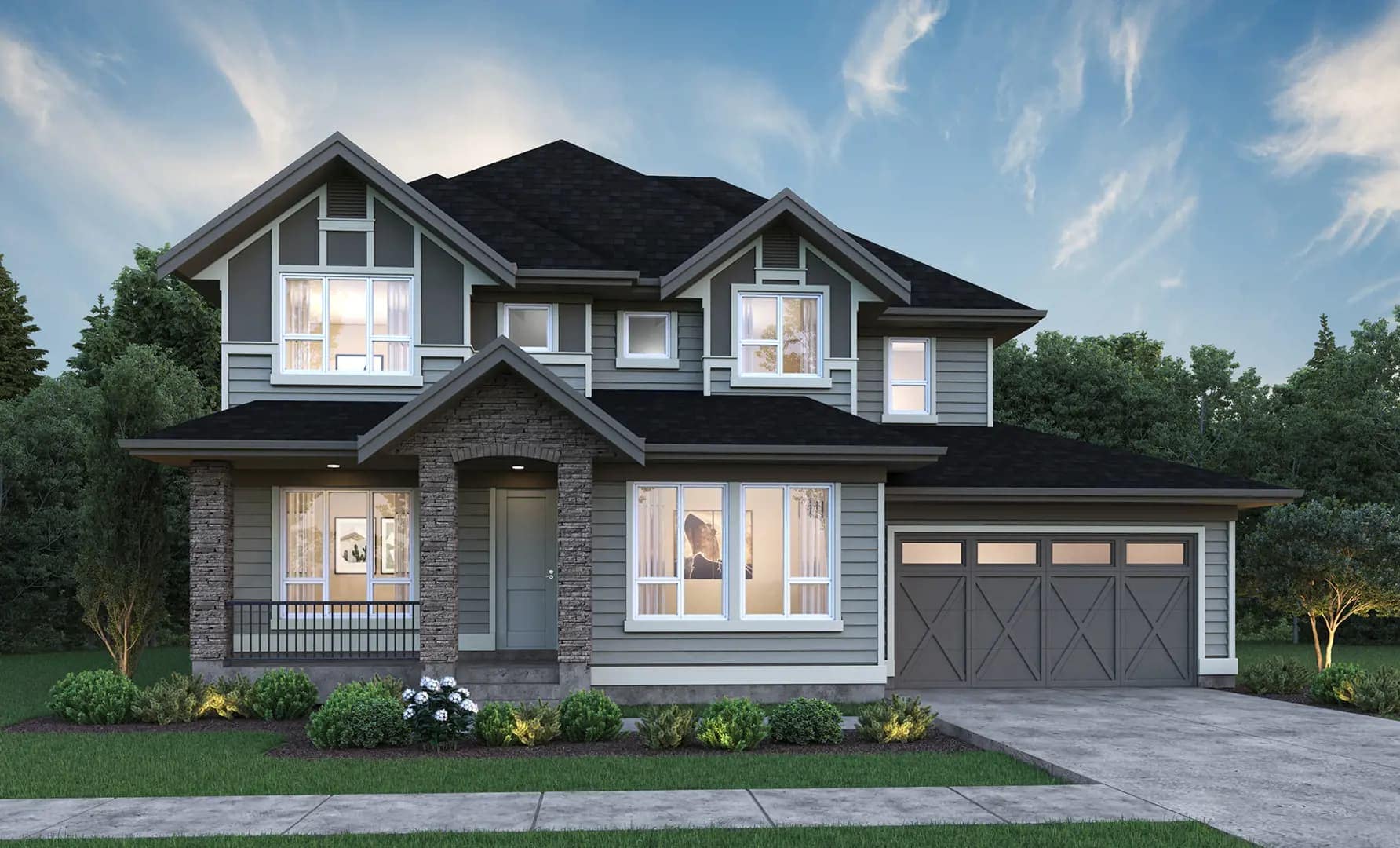 Contemporary family home exterior at Brookswood Estates Langley by Foxridge Homes with gabled rooflines, stone faรงade, and landscaped front yard.