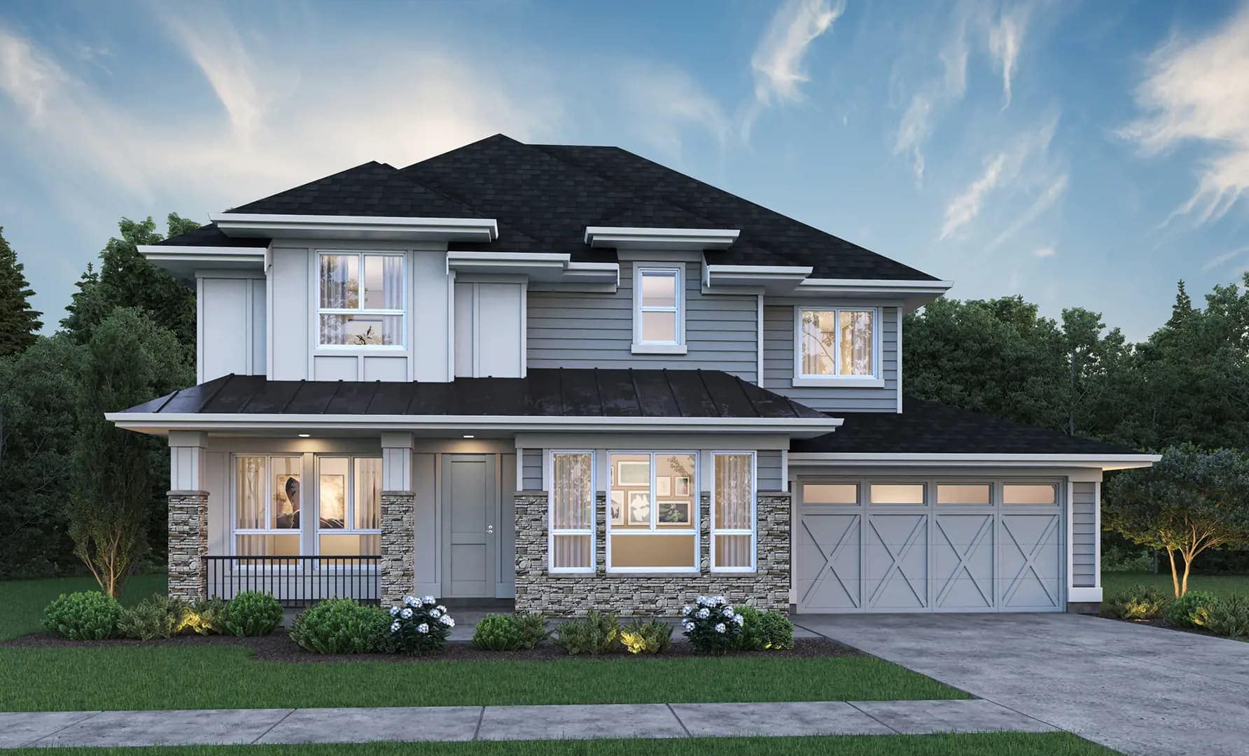 Craftsman-style home exterior at Brookswood Estates Langley by Foxridge Homes featuring stone accents, covered entry, and double garage at 20826 34A Avenue.