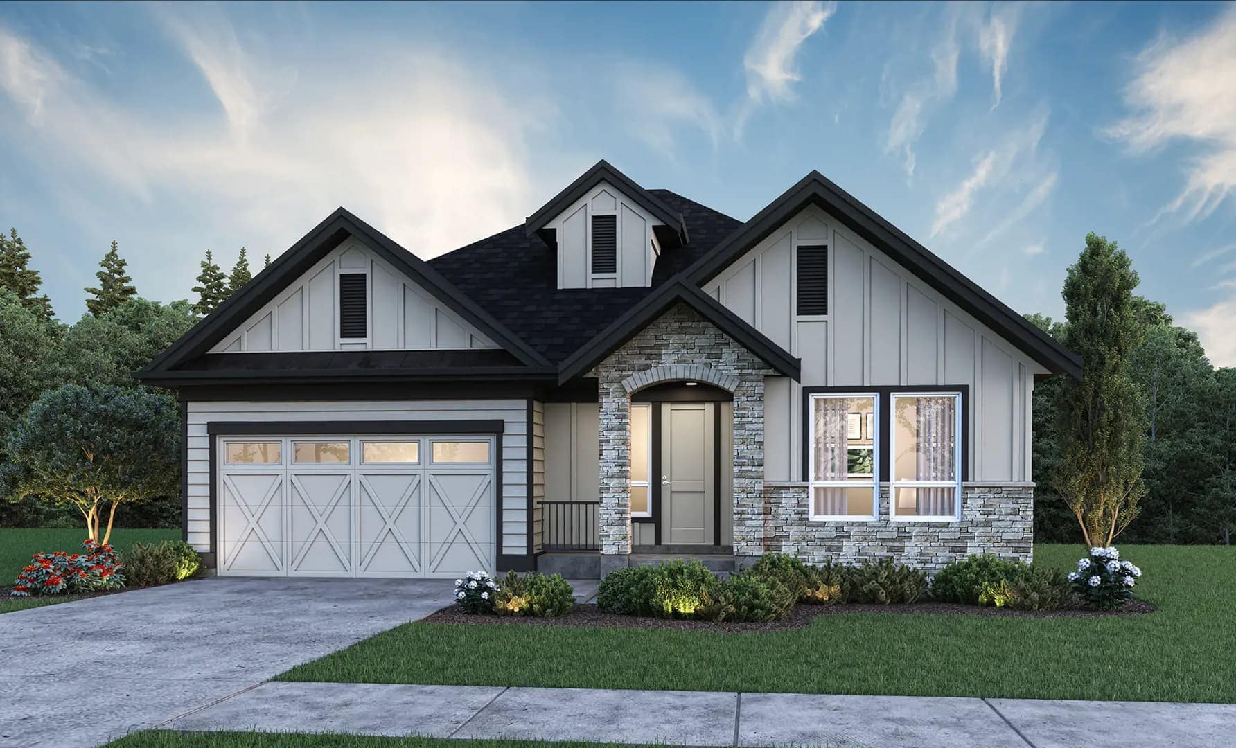 Rancher-style home exterior at Brookswood Estates Langley by Foxridge Homes featuring modern farmhouse architecture, stone detailing, and attached garage.