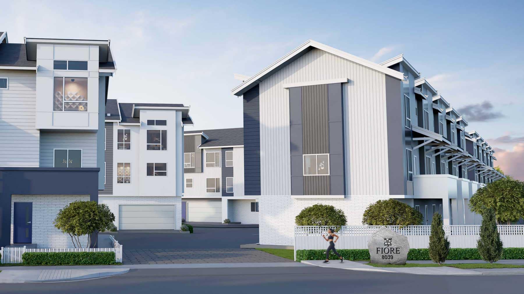 Exterior rendering of Fiore Langley townhomes by Front Lane Developments at 8039 197 Street, featuring modern architecture, pitched rooflines, landscaped walkways, and contemporary multi-level homes in Langley.