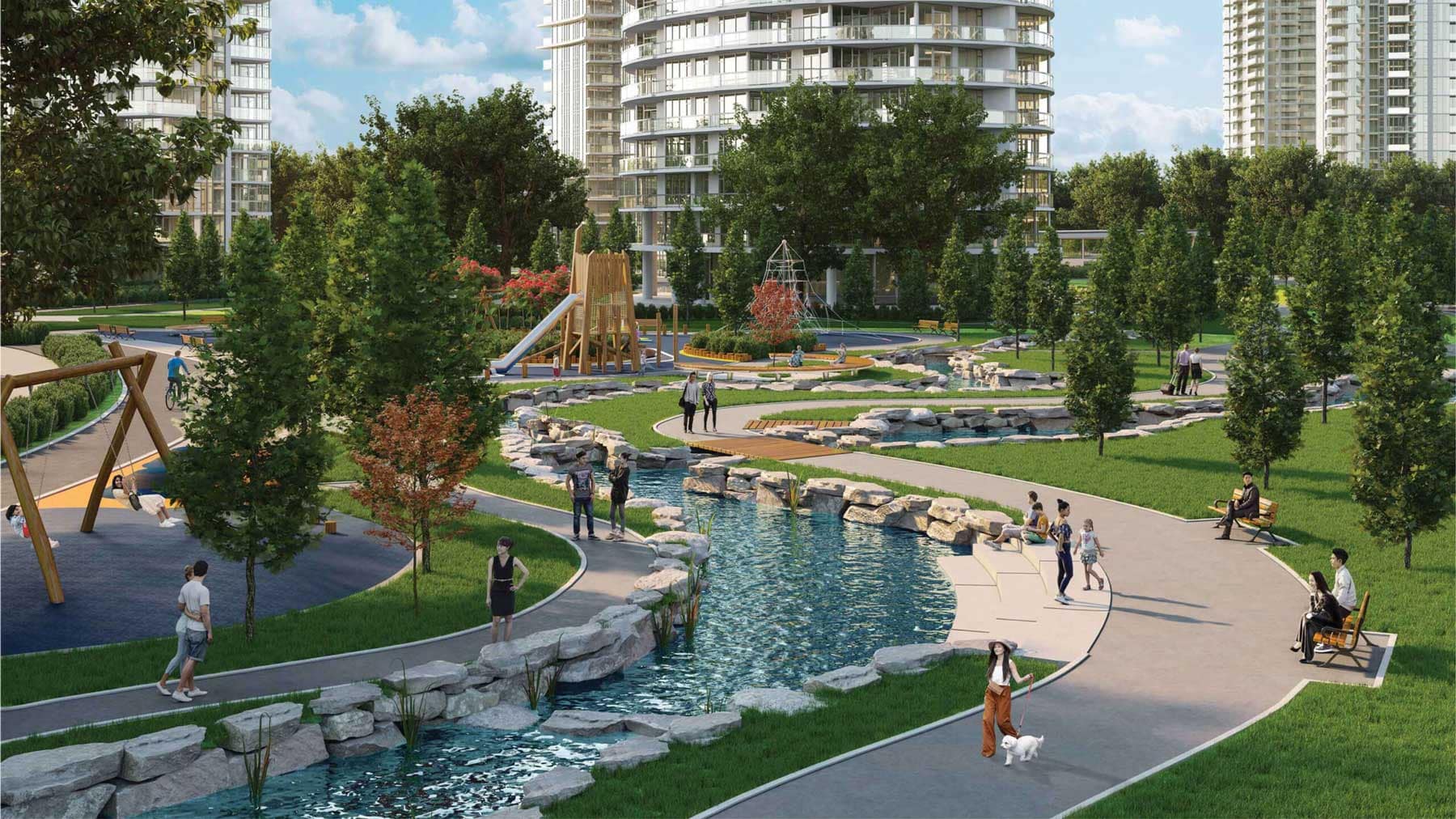 Artist rendering of Southgate Park at Icon at Southgate City Burnaby, featuring landscaped walking paths, water features, playgrounds, and open green space within the 60-acre master-planned community by Ledingham McAllister at 7201 11th Avenue.