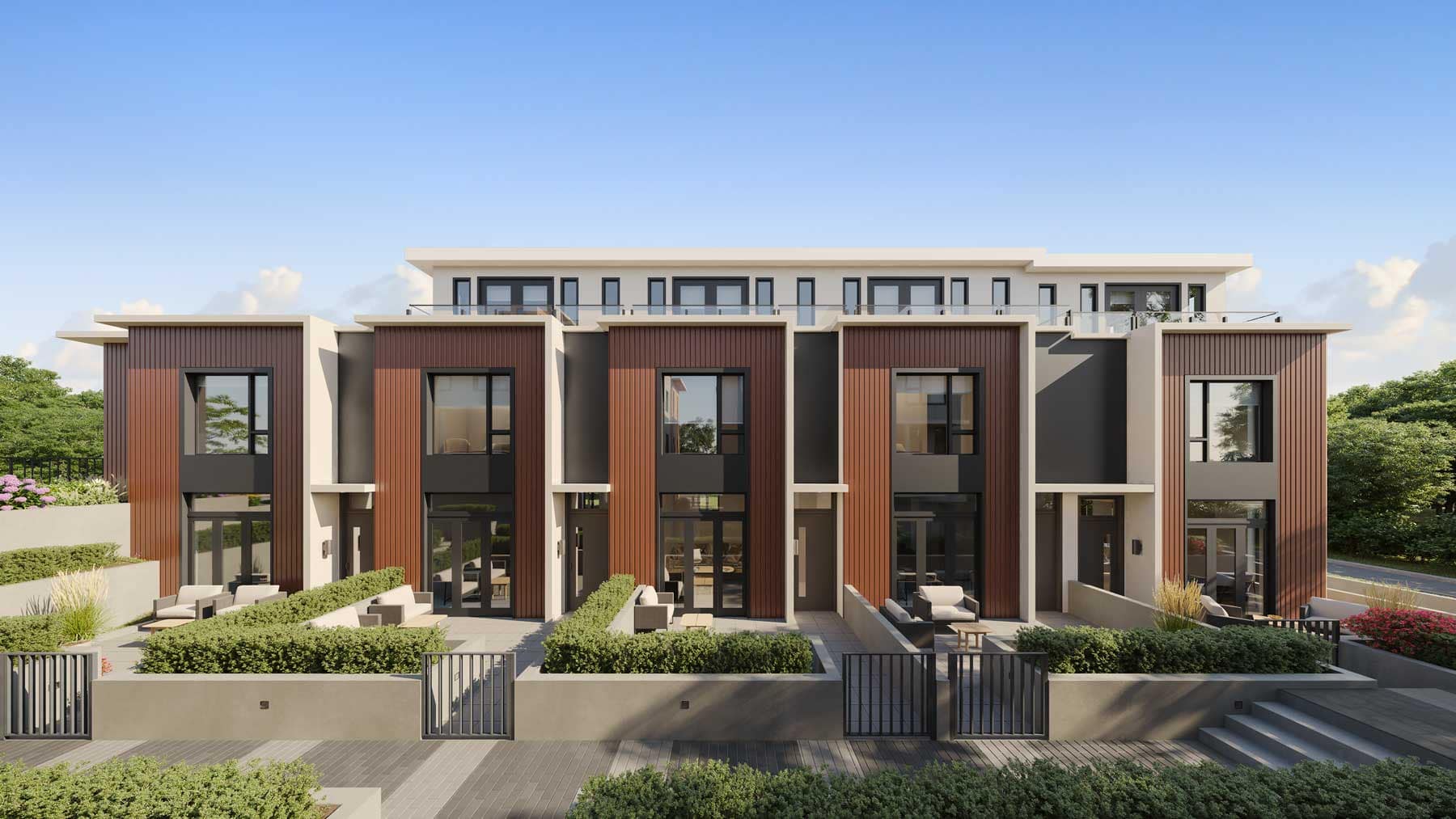 Architectural rendering of Be W 49th Vancouver by Modella Developments at 715 West 49th Avenue in Oakridge, featuring modern three-storey townhomes with wood-panel exterior detailing, expansive windows, private patios, landscaped walkways, and contemporary West Side design.
