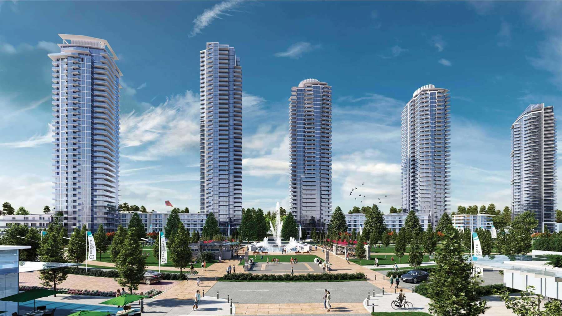 Artist rendering of the Southgate City master-planned community surrounding Icon at Southgate City Burnaby by Ledingham McAllister at 7201 11th Avenue, featuring residential towers, a central plaza, fountains, and expansive green spaces.