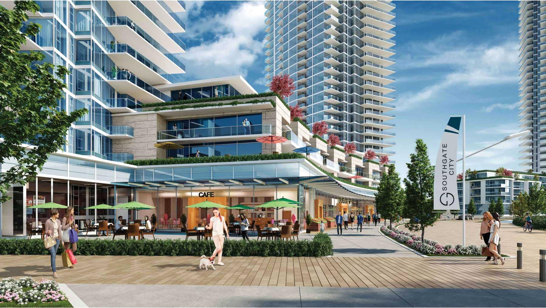 Artist rendering of the Southgate City retail village surrounding Icon at Southgate City Burnaby, illustrating future shops, cafรฉs, and pedestrian-friendly streets at 7201 11th Avenue.