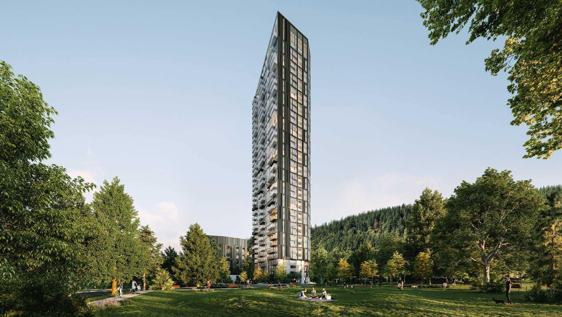 Olo Coquitlam presale tower by Rize at 616 Kemsley Avenue rising above a green park in Burquitlam, showing a tall modern high-rise surrounded by trees, open lawn space, and residents enjoying outdoor amenities
