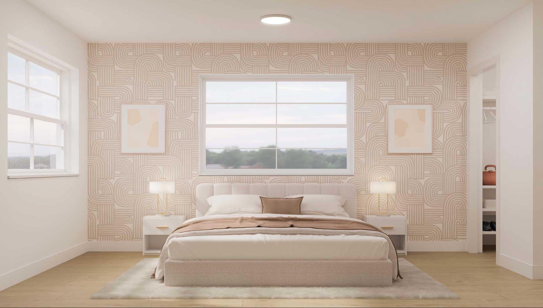 Modern primary bedroom interior at Fiore Langley by Front Lane Developments, featuring a neutral colour palette, designer wallpaper accent wall, large windows, soft lighting, and contemporary furnishings inside the presale townhome community at 8039 197 Street in Langley.