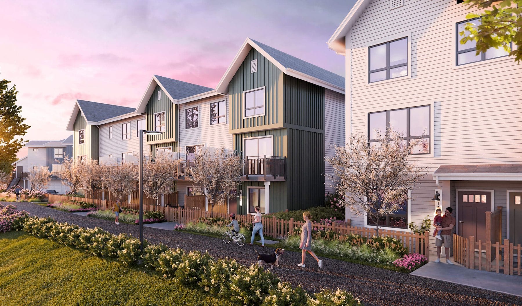 Pedestrian pathway between townhouse rows at Mercer Village New Westminster