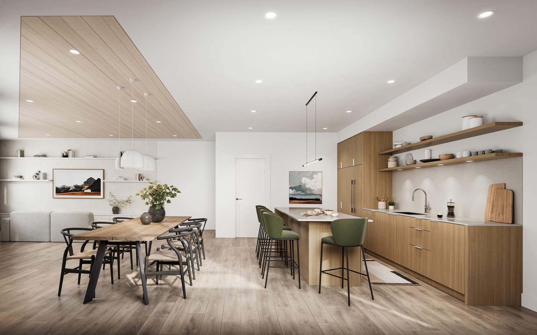 Dining and kitchen space at Nature Haus Fleetwood featuring wood cabinetry, large island, and contemporary lighting at 16487 89 Avenue Surrey by Isle of Mann Property Group