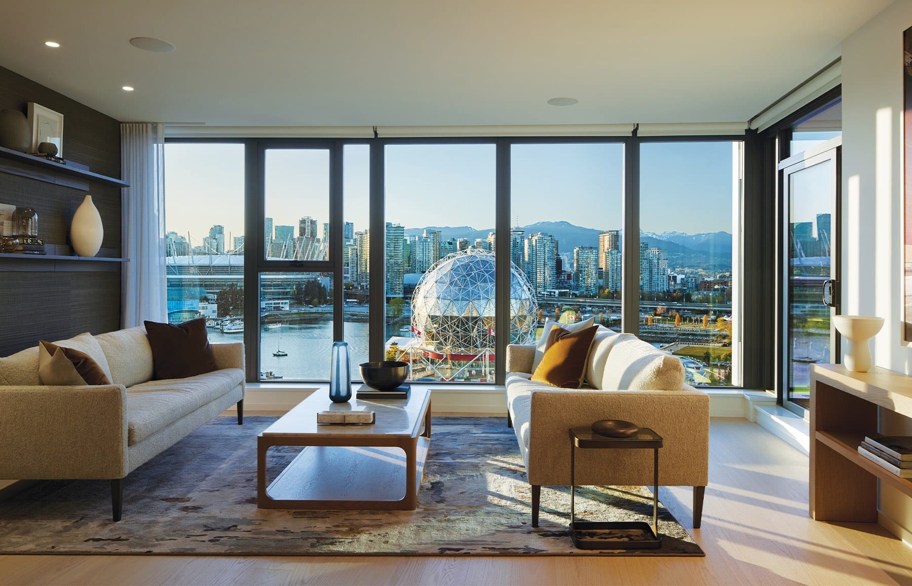Tesoro Vancouver living room with panoramic False Creek and Science World views