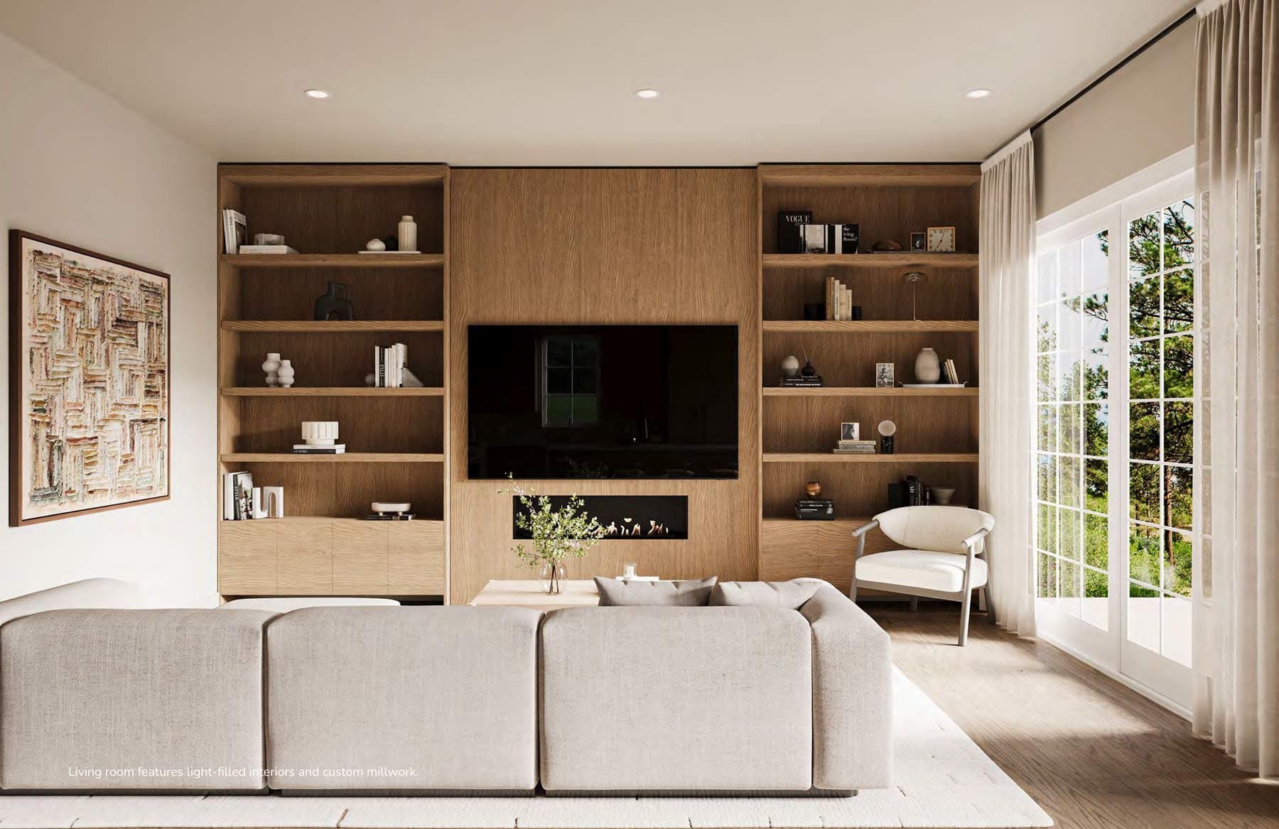 Living room interior at 7609 Coldicutt Burnaby featuring built-in shelving, fireplace, mounted TV, and large windows in homes at 7609 Coldicutt Street by ICON Projects & Costar Construction.