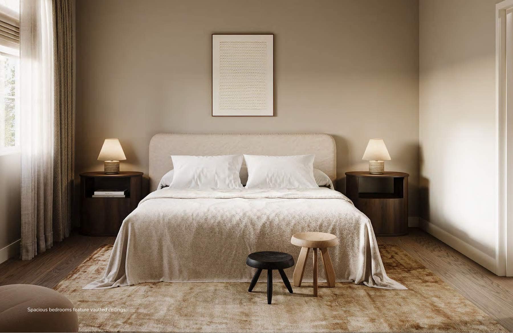 Primary bedroom at 7609 Coldicutt Burnaby showing neutral tones, upholstered bed, bedside tables, and soft lighting in a home at 7609 Coldicutt Street by ICON Projects & Costar Construction.