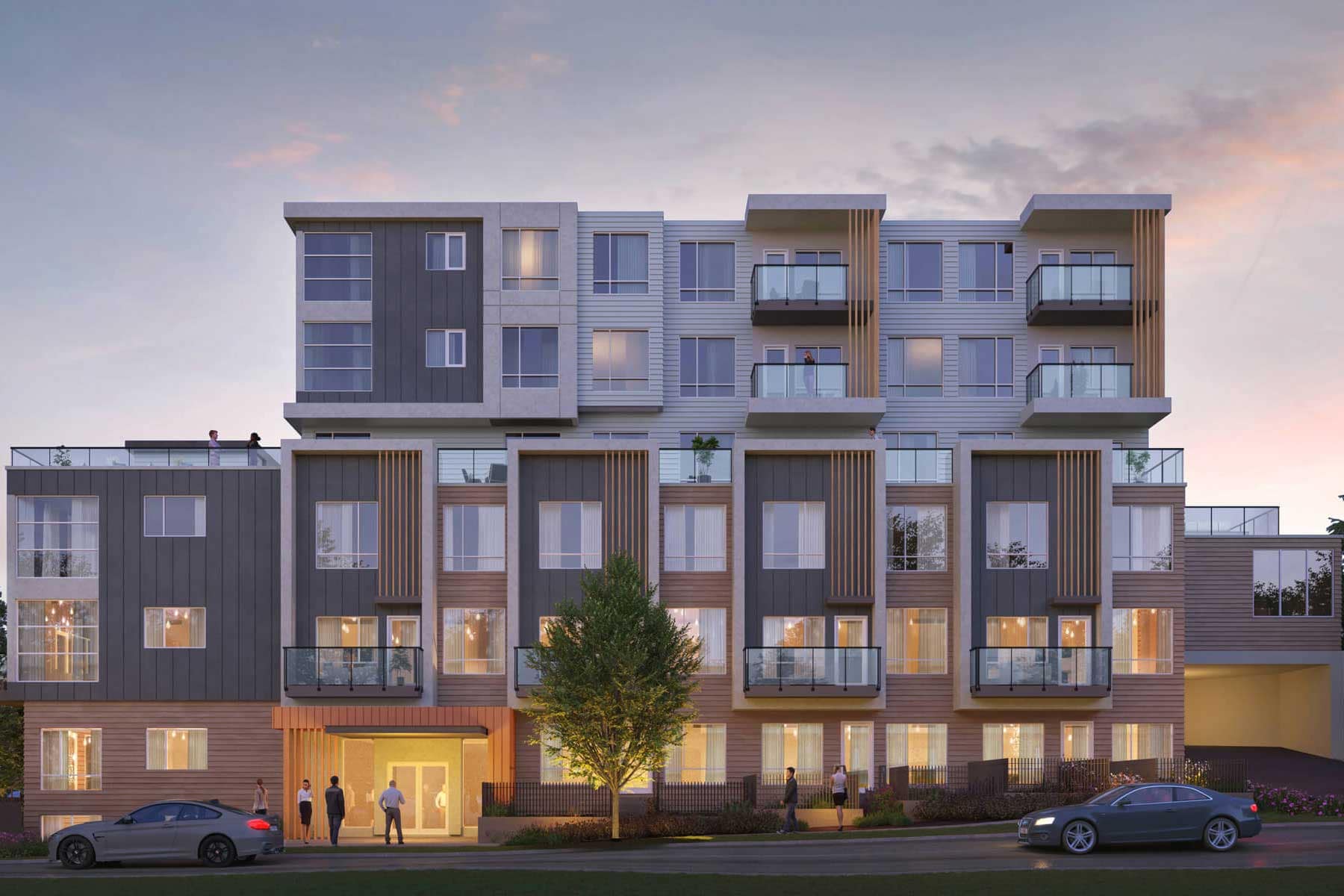 Exterior architectural rendering of Harlowe South Surrey by Genaris Properties at 16485 18 Avenue featuring contemporary condo residences, glass balconies, modern façade detailing, and landscaped entryways.