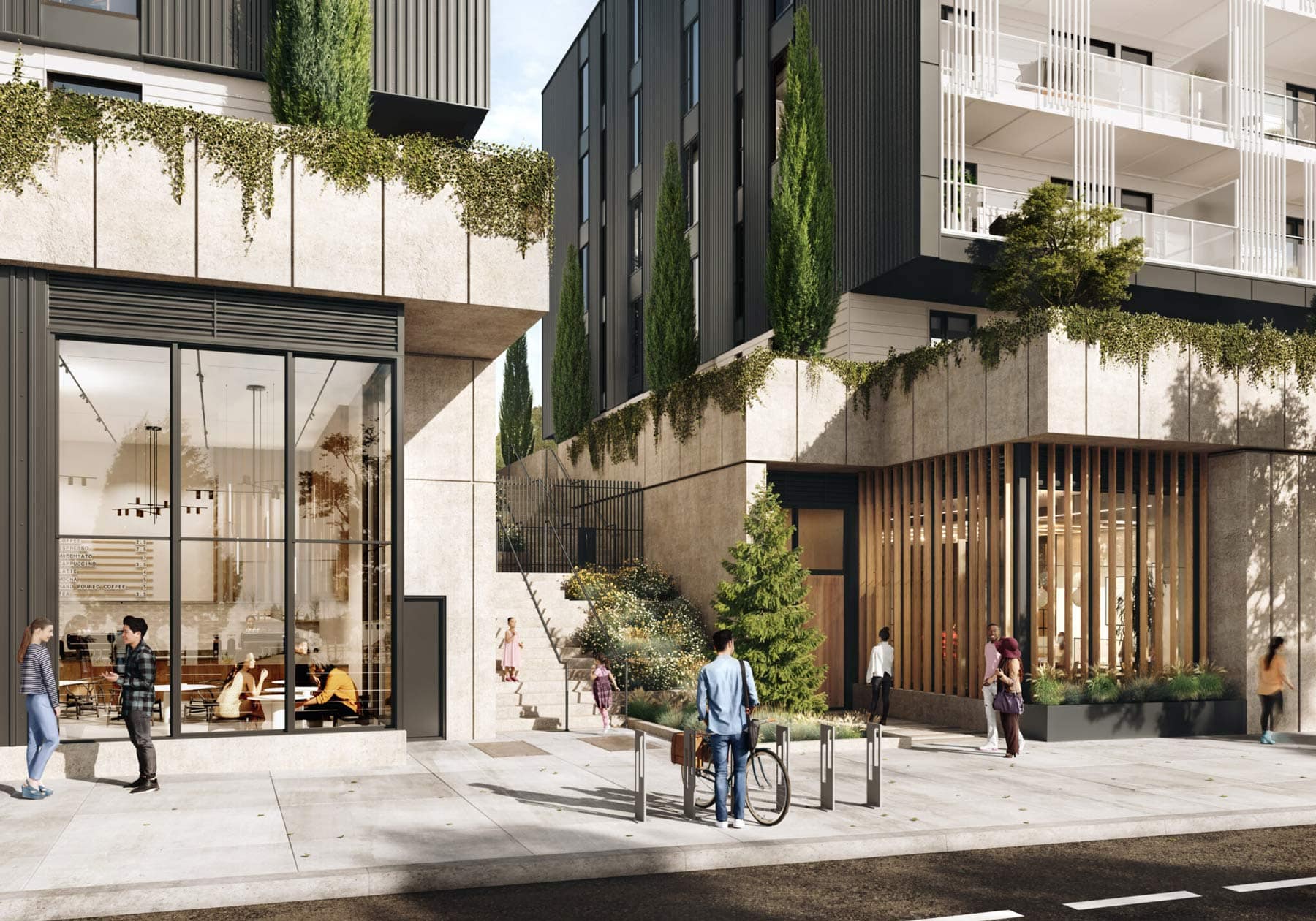Amenity lounge at Moody Yards Port Moody with seating, bookshelves, and modern design by Mosaic at 3015 Murray Street
