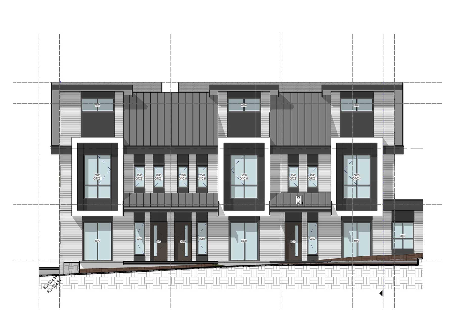 Architectural elevation drawing of West58 Vancouver by Azora Group at 7425 Granville Street, illustrating the modern townhome façade, rooflines, window placement, and exterior design details.