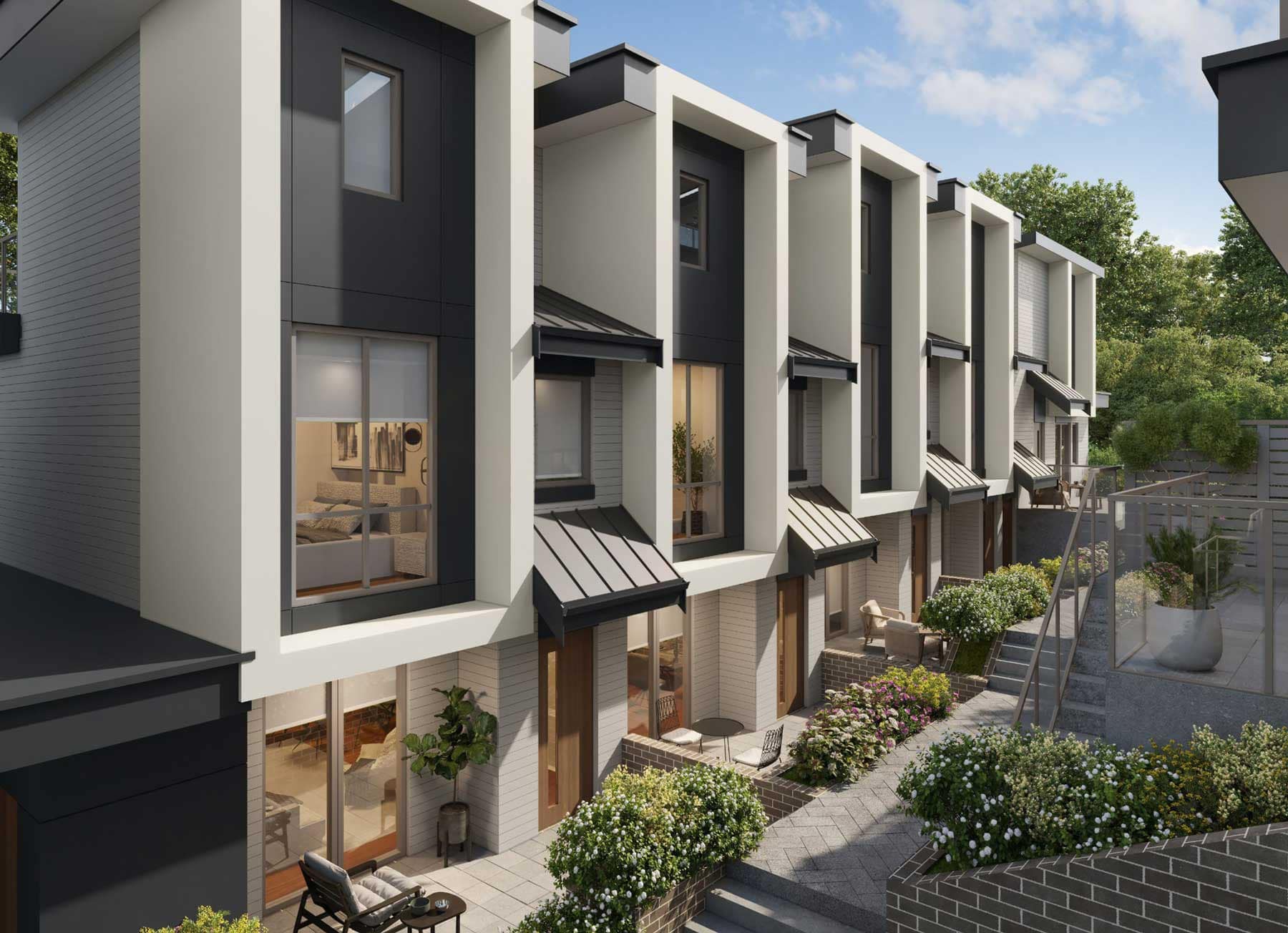 Landscaped courtyard rendering at West58 Vancouver by Azora Group at 7425 Granville Street, showcasing modern townhomes, private entrances, terraced walkways, and lush garden landscaping.