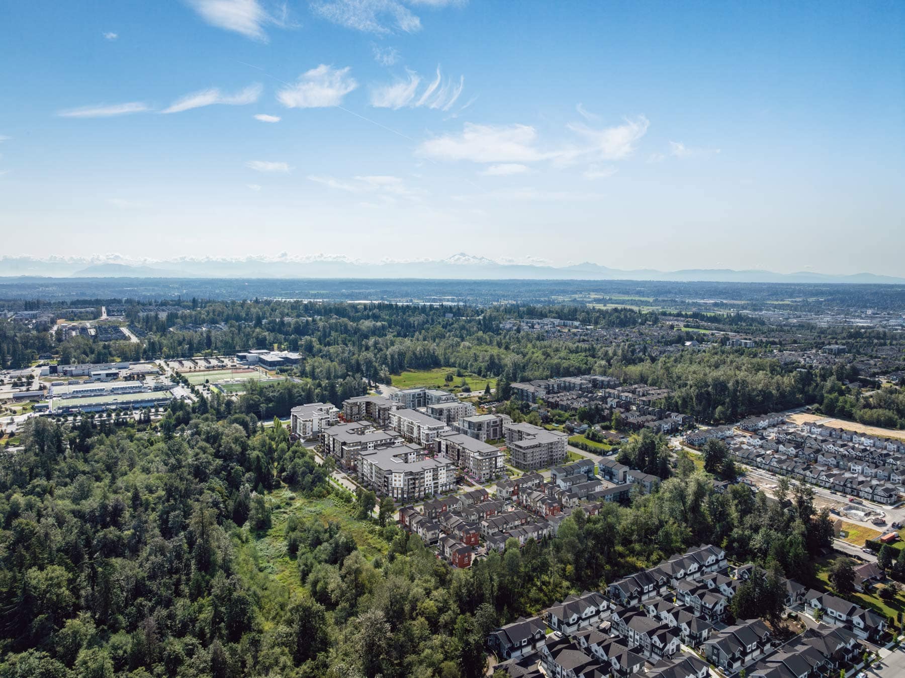 Aerial view of Eden Langley development in Willoughby showing surrounding residential neighbourhood, green space, and community layout