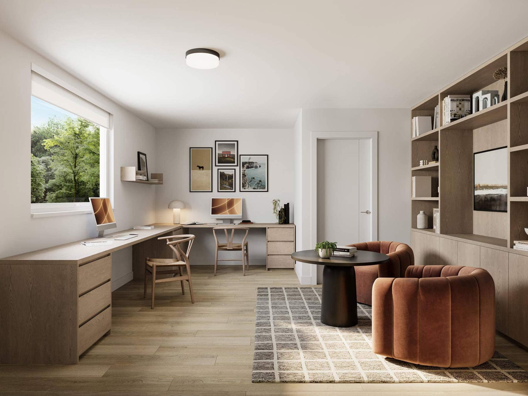 Home office and flex space at Nature Haus Fleetwood with built-in desk, shelving, and natural light at 16487 89 Avenue Surrey by Isle of Mann Property Group
