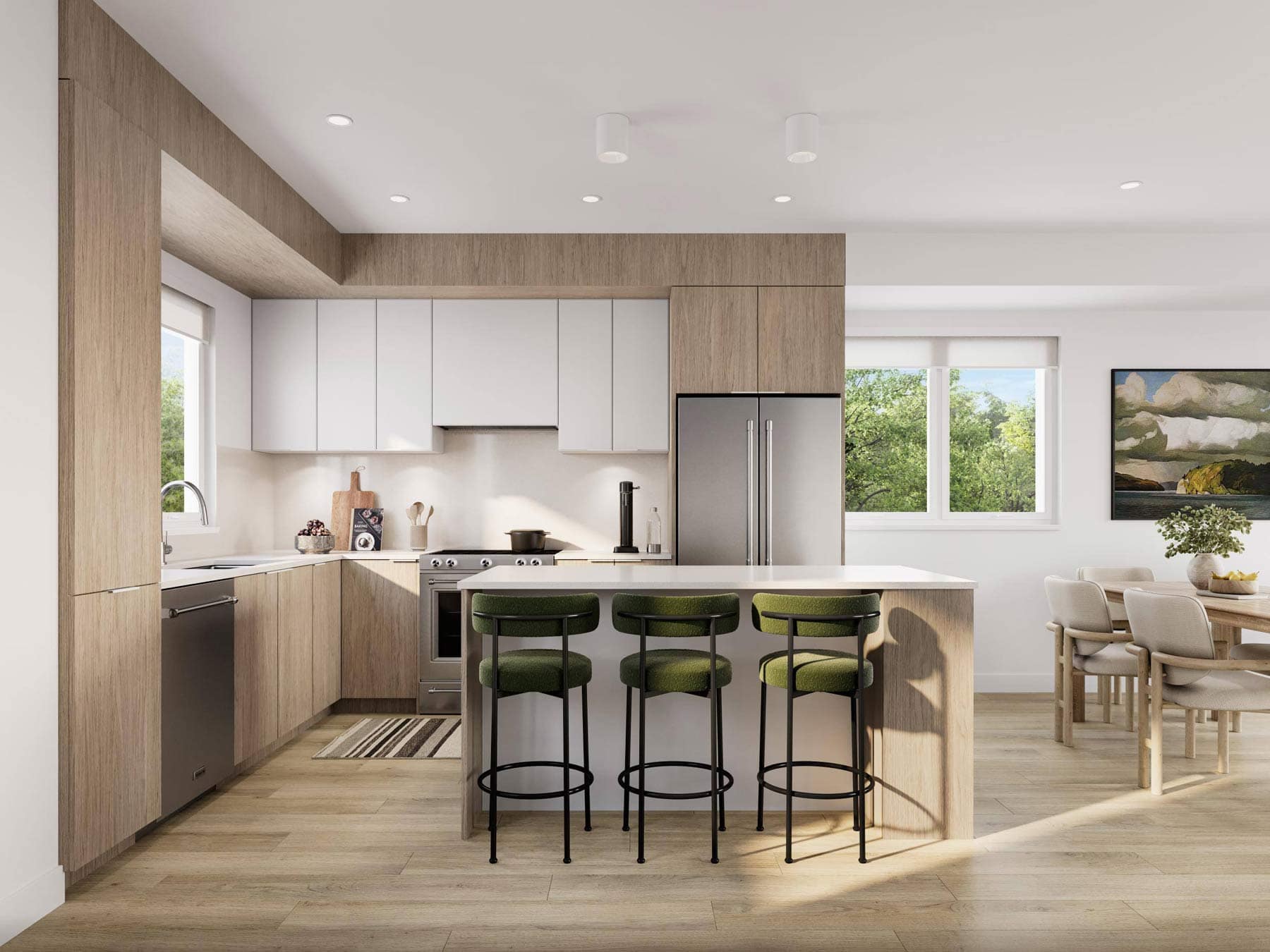 Kitchen interior at Nature Haus Fleetwood featuring wood cabinetry, white countertops, and bar seating designed by Isle of Mann Property Group at 16487 89 Avenue Surrey