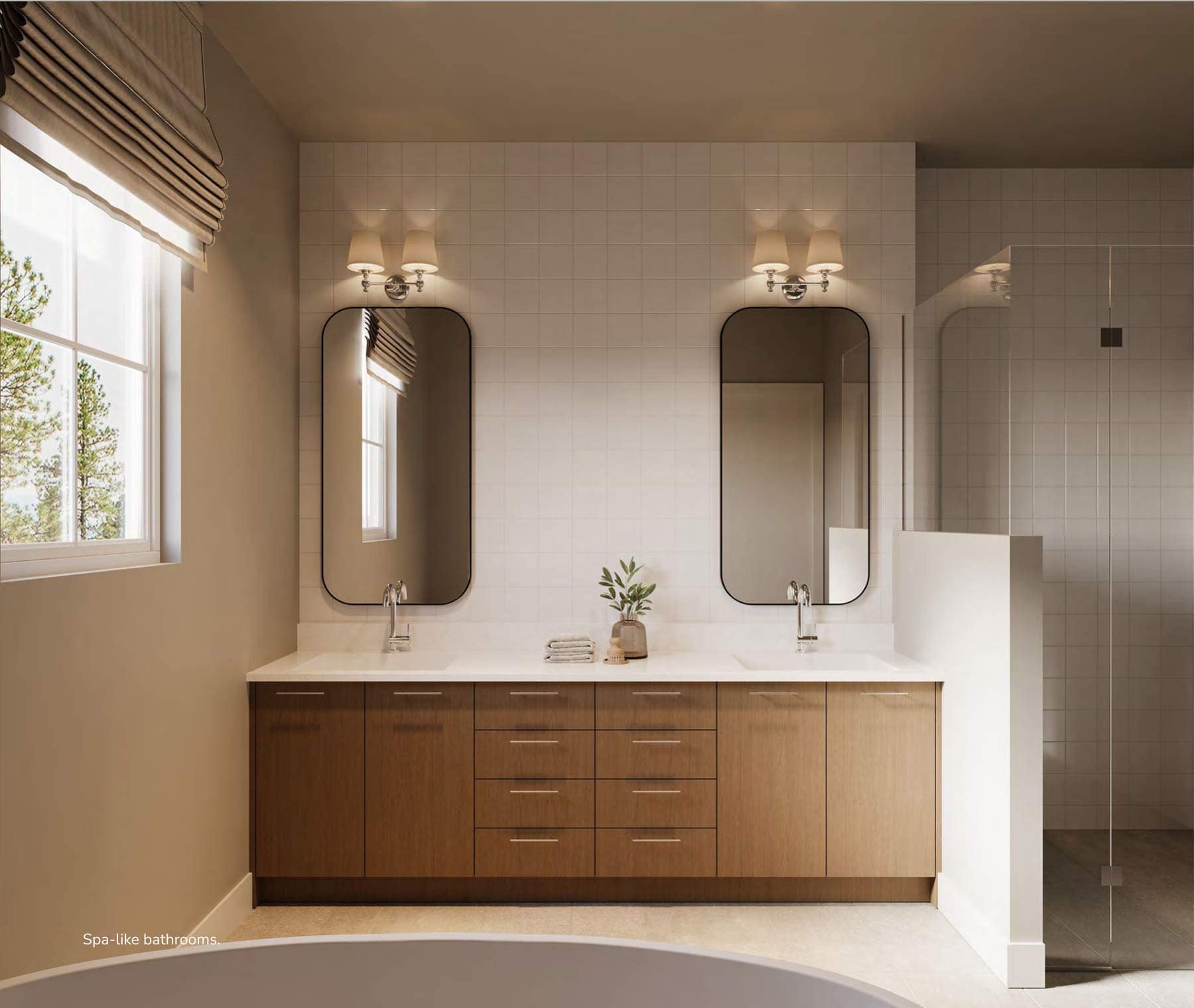 Spa-inspired bathroom at 7609 Coldicutt Burnaby featuring double vanity, wood cabinetry, tiled walls, and glass shower in homes at 7609 Coldicutt Street by ICON Projects & Costar Construction.
