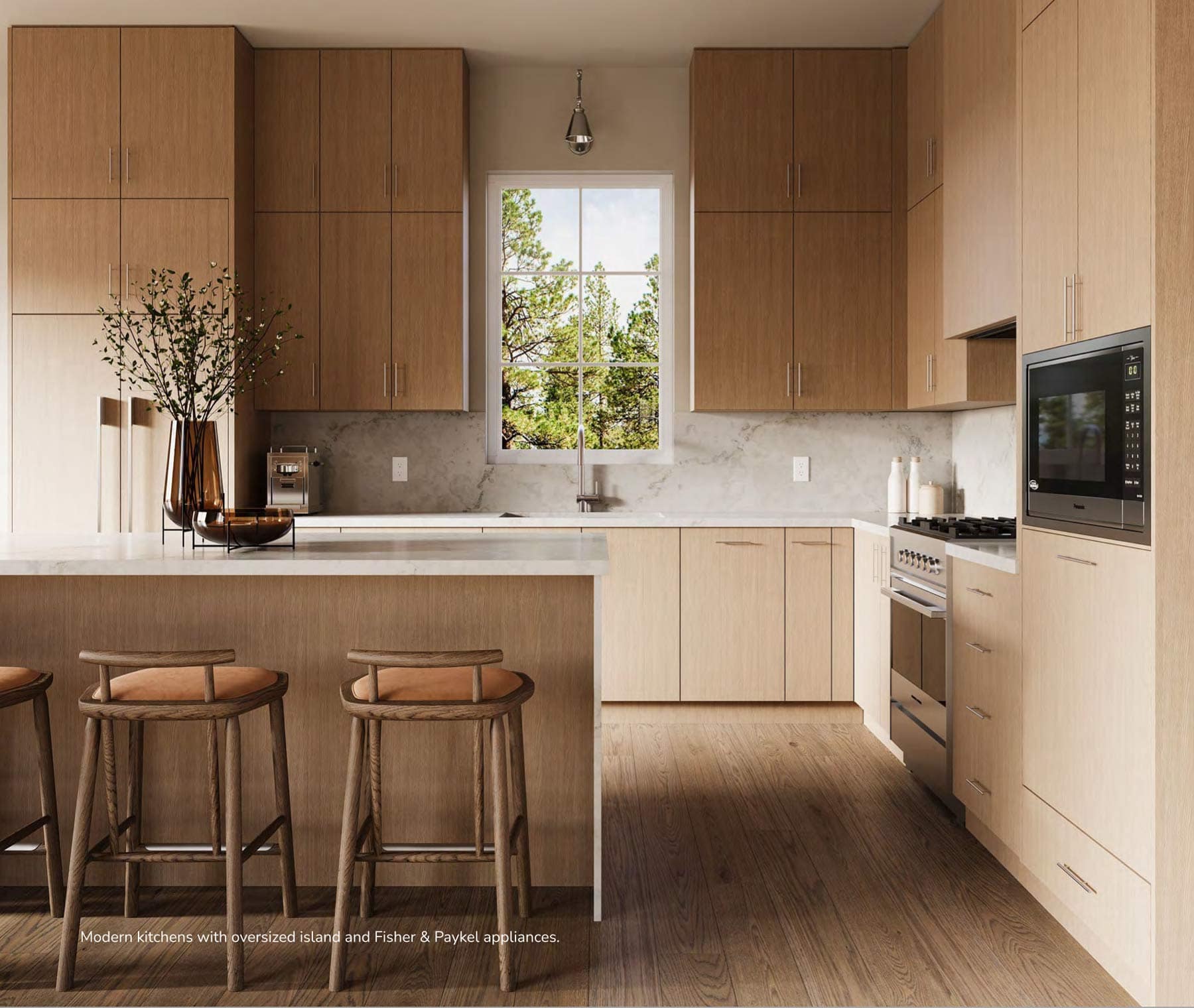 Modern kitchen at 7609 Coldicutt Burnaby with oversized island, wood cabinetry, bar seating, and stainless appliances at 7609 Coldicutt Street by ICON Projects & Costar Construction.