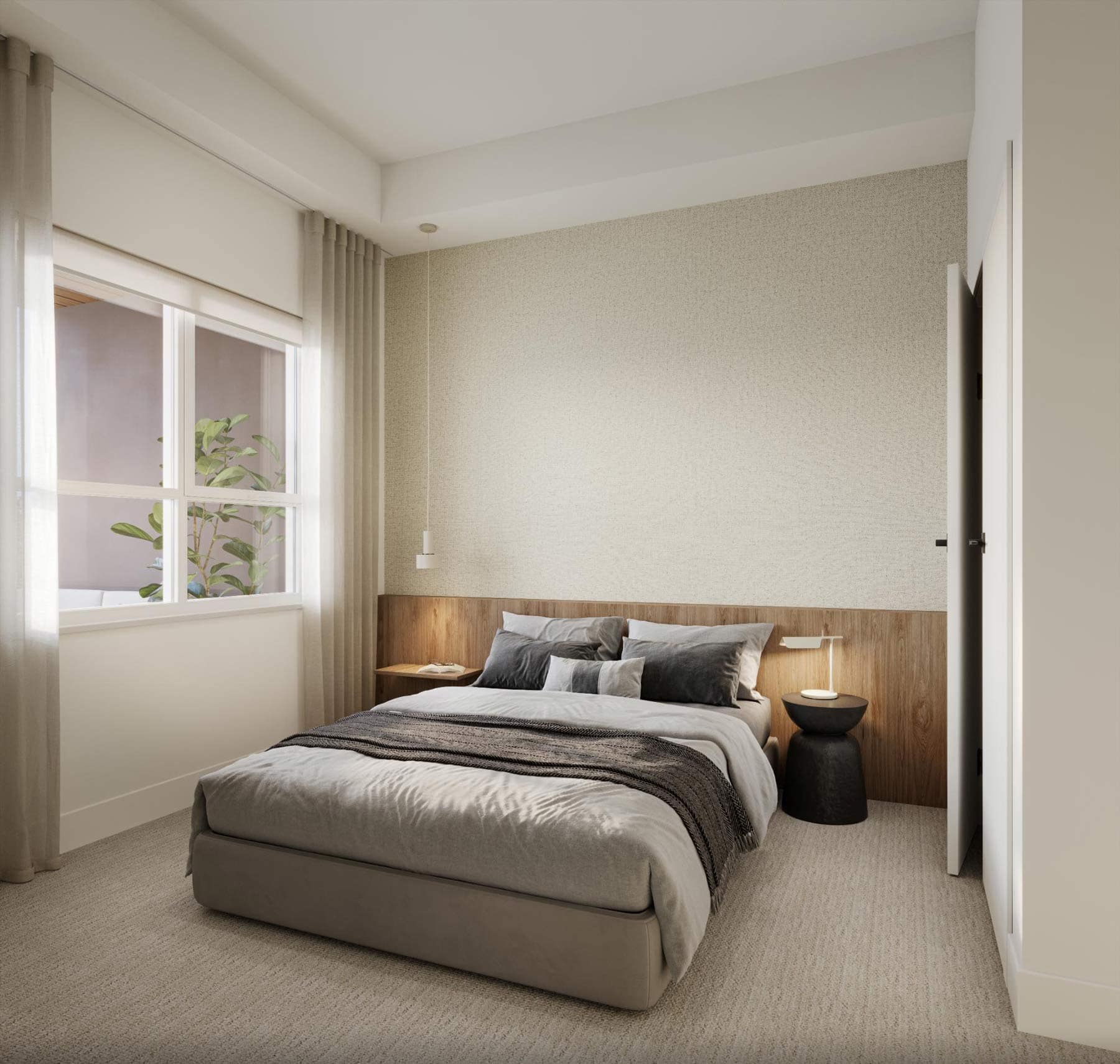 Bedroom at Eden Langley featuring neutral tones, soft lighting, and contemporary finishes in Willoughby condo by Zenterra