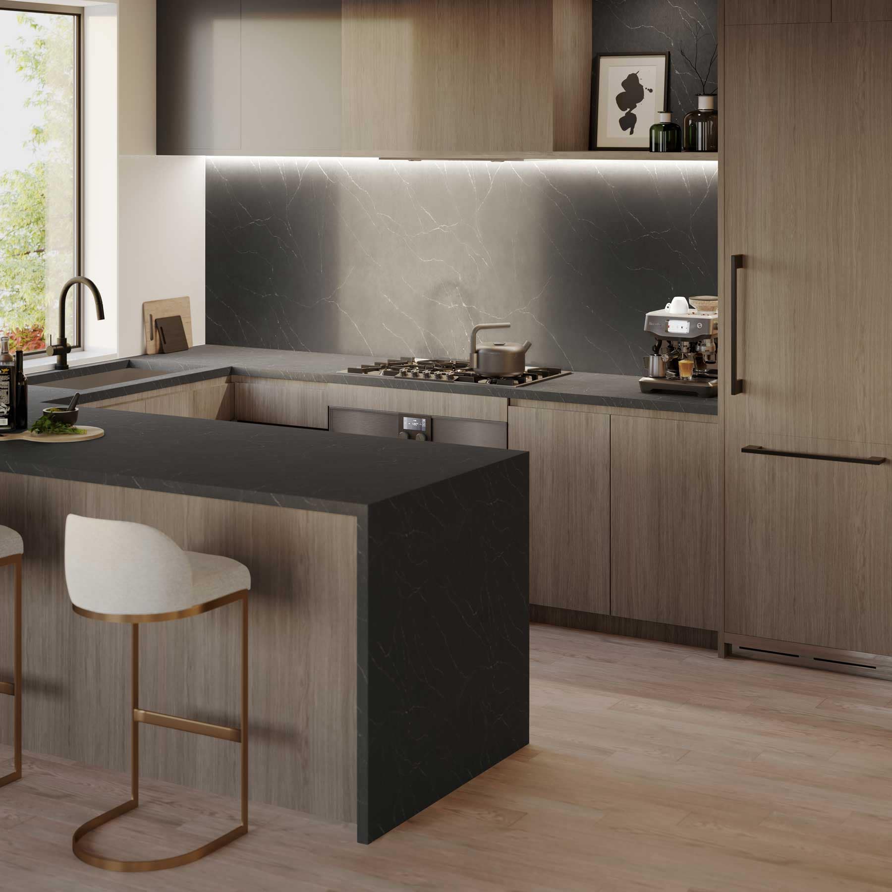Dark kitchen finish package at Be W 49th Vancouver with black stone countertops, dark backsplash, wood cabinetry, integrated appliances, and modern lighting in the Modella Developments project at 715 West 49th Avenue.