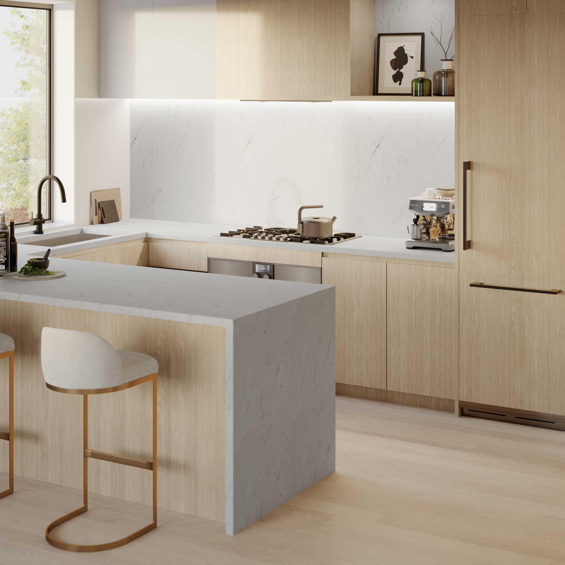 Luxury kitchen at Be W 49th Vancouver featuring a waterfall stone island, integrated cabinetry, gas cooktop, modern millwork, and premium finishes inside the Oakridge development by Modella Developments.