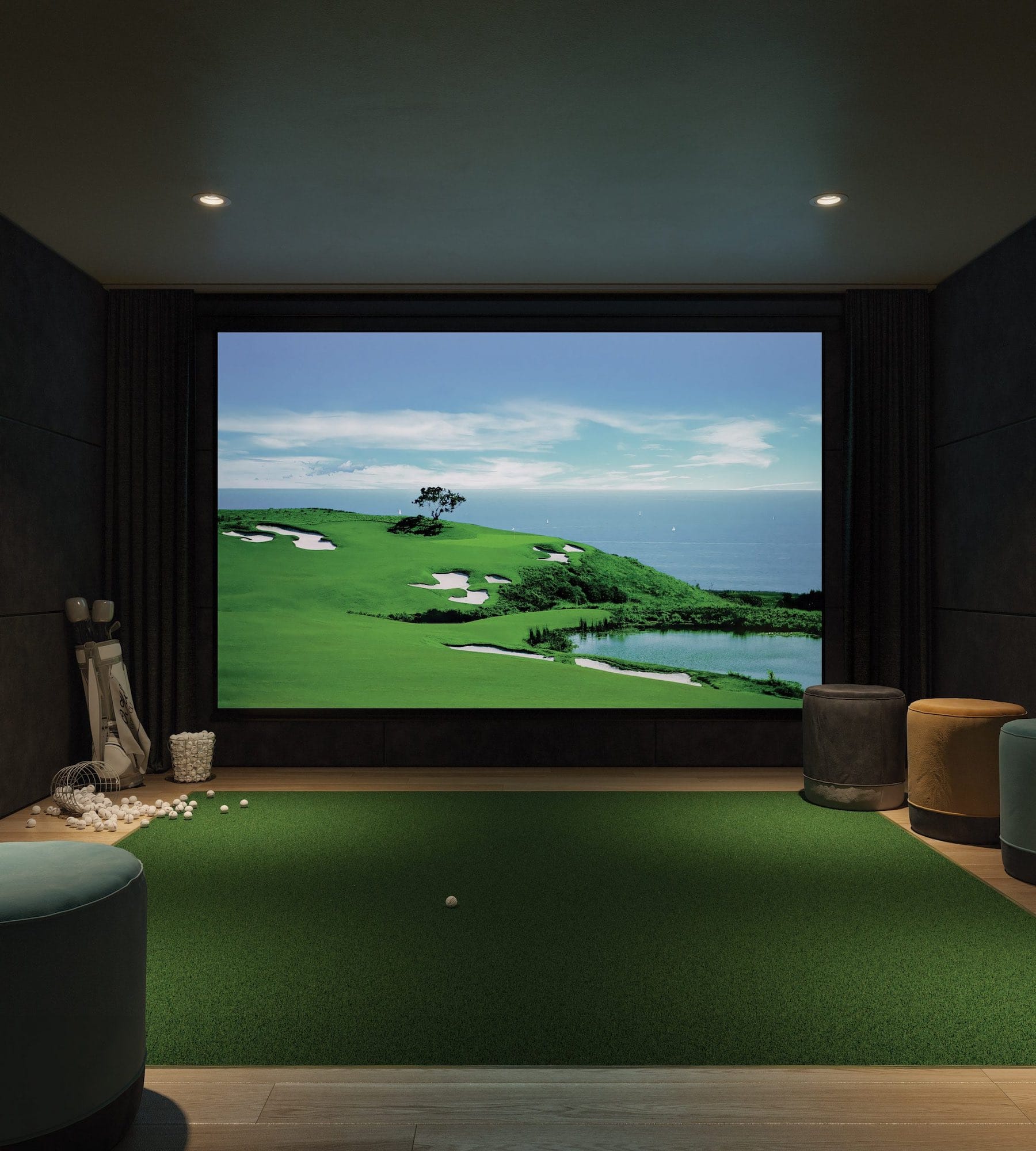 Indoor golf simulator amenity at Soco Two Coquitlam presale development by Anthem located at 311 Alderson Ave in Coquitlam’s Maillardville neighbourhood featuring a large projection screen with golf course simulation