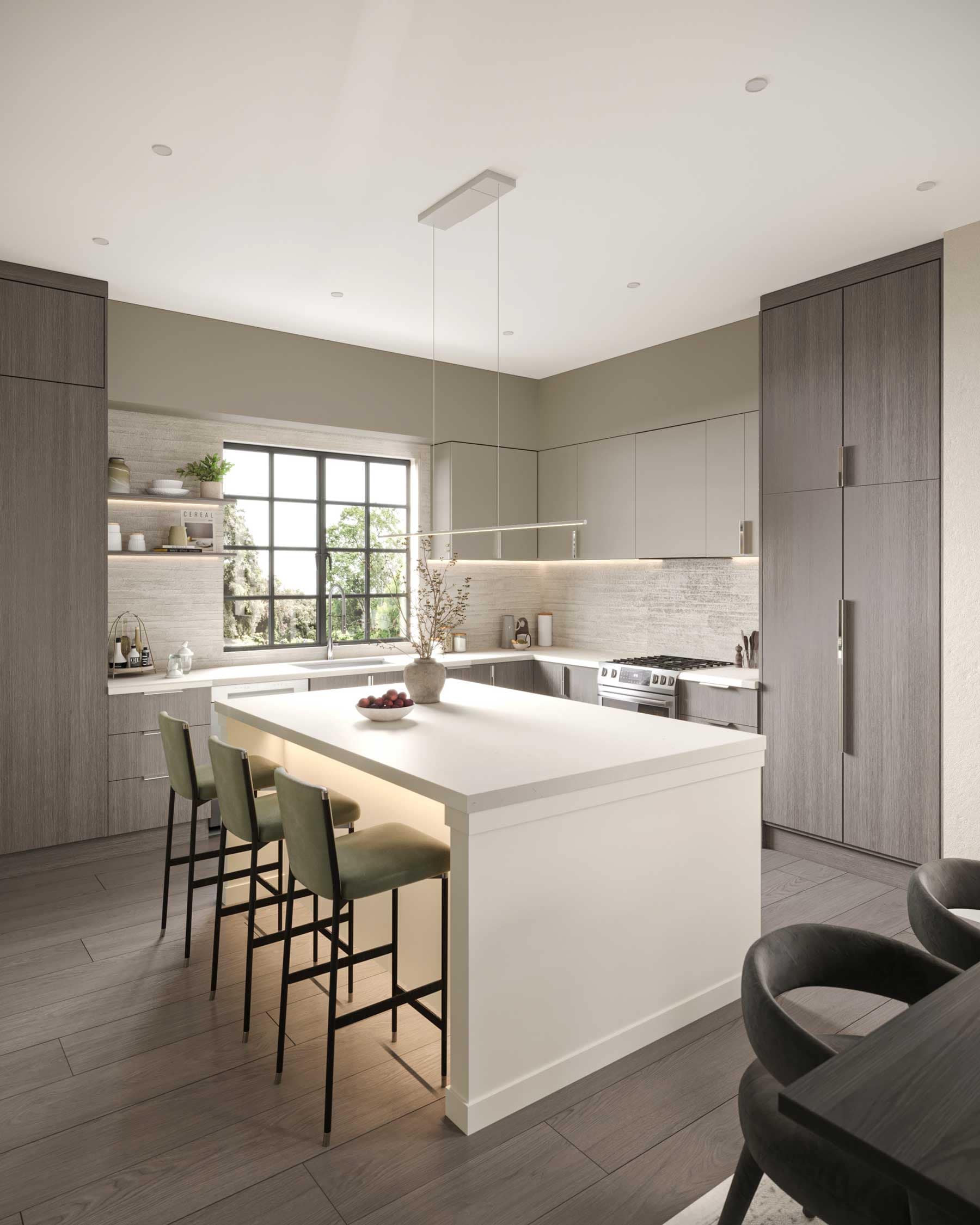 Contemporary kitchen interior at Bromley Langley by Leone Homes featuring a large waterfall island, dark wood cabinetry, integrated lighting, oversized windows, and modern finishes in a presale townhome at 20815 45A Avenue in Langley.